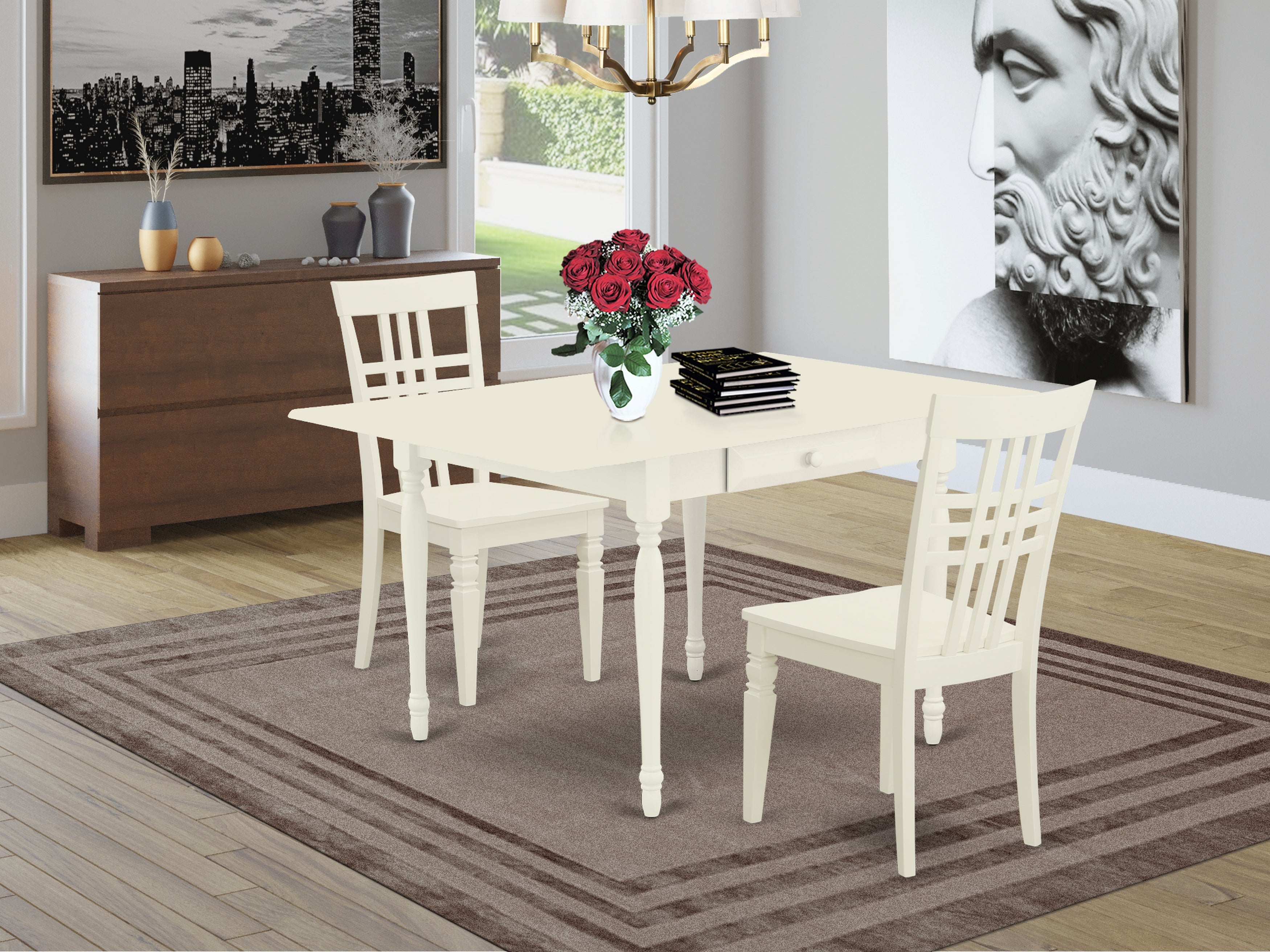 East West Furniture MZLG3-LWH-W 3 Pieces Dining Table set - Durable Drop Leaf Wooden Dining Room Table and 2 Real Wood Seat Modern Dining Chairs, Linen White Finish