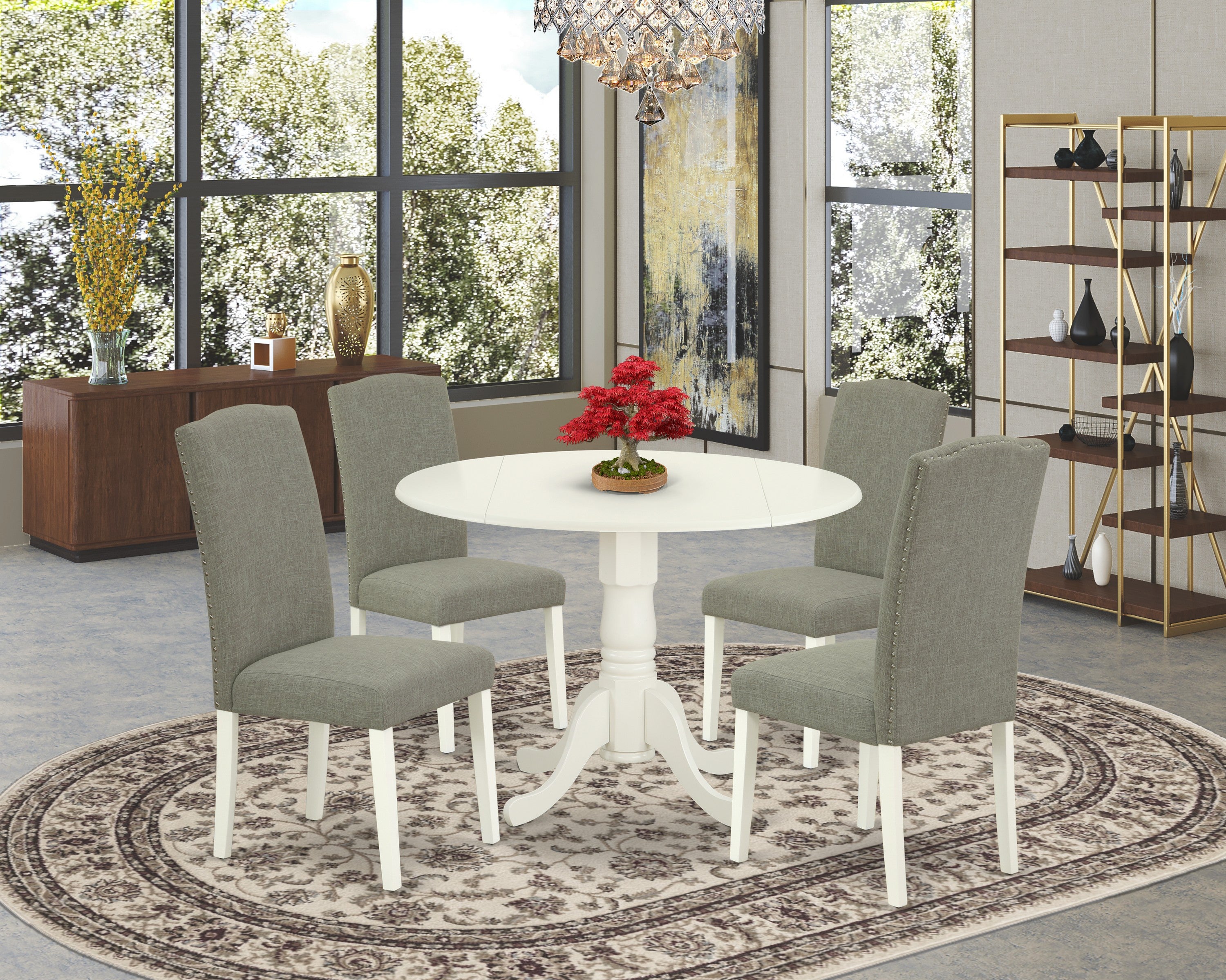 DLEN5-LWH-06 5Pc Round 42" Kitchen Table With Two 9-Inch Drop Leaves And Four Parson Chair With Linen White Leg And Linen Fabric Dark Shitake