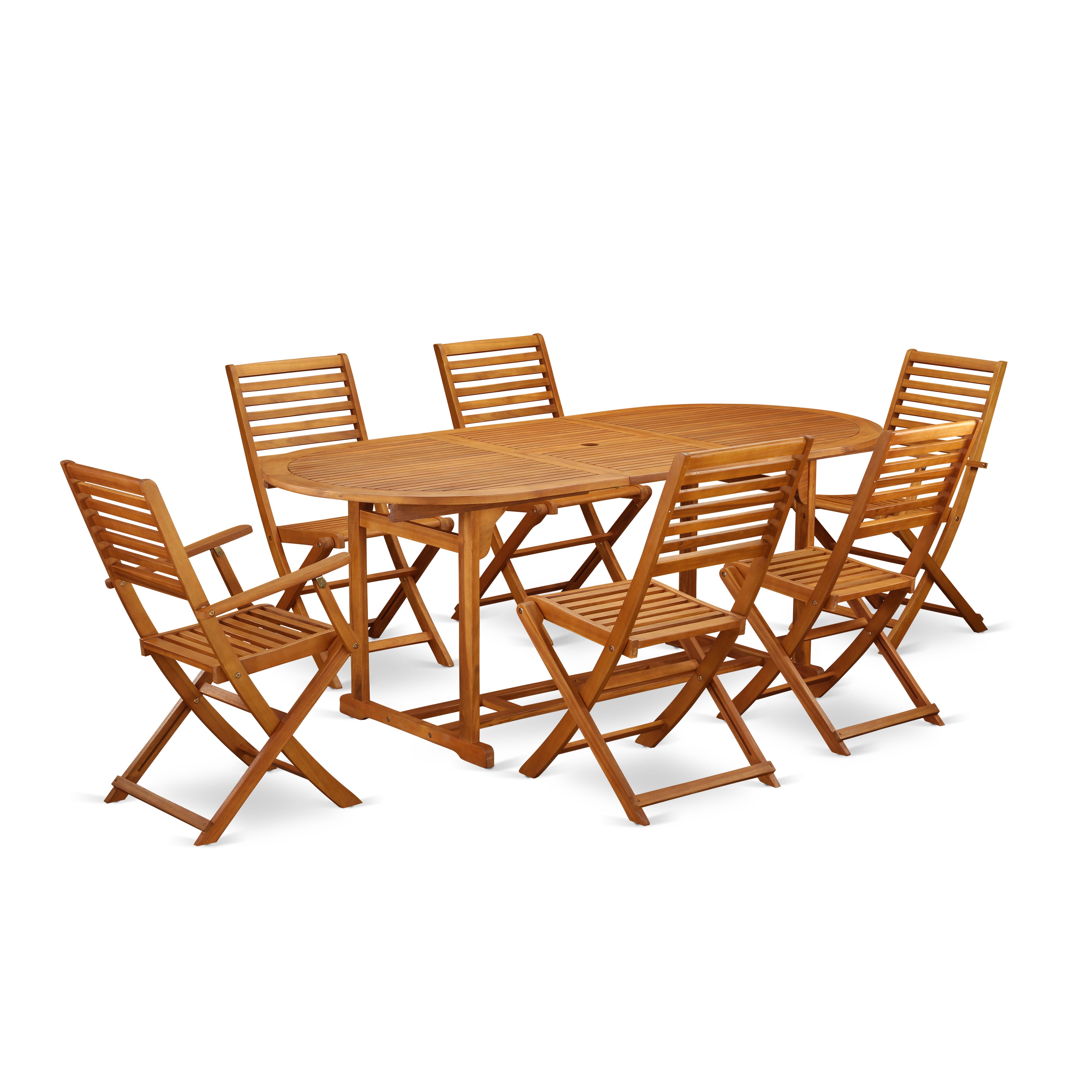 BSBS72CANA This 7 Piece Acacia Solid wood Balcony Dining Sets includes an Outdoor-Furniture table and four side patio dining chairs and 2 arm foldable Outdoor-Furniture chairs