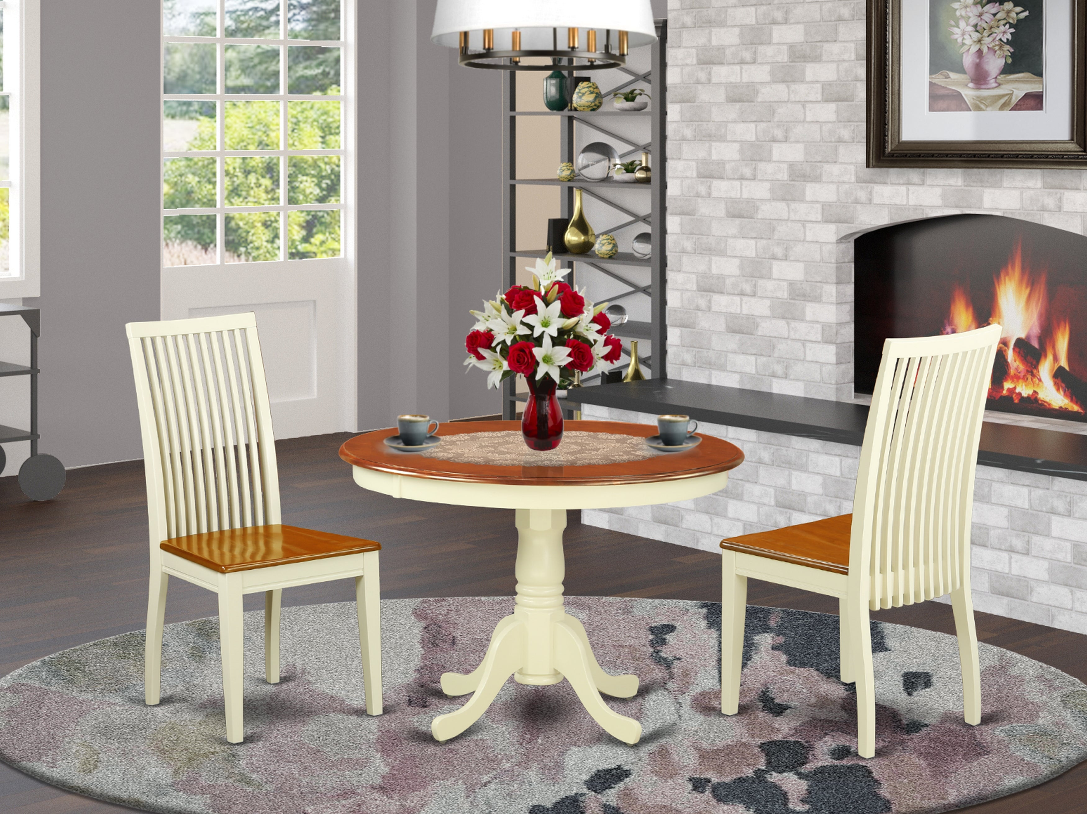 HLIP3-BMK-W 3 Piece Hartland Set With One Round 42in Dinette Table And Two Dinette Chairs With Wood Seat In A Beautiful Black And Cherry Finish.