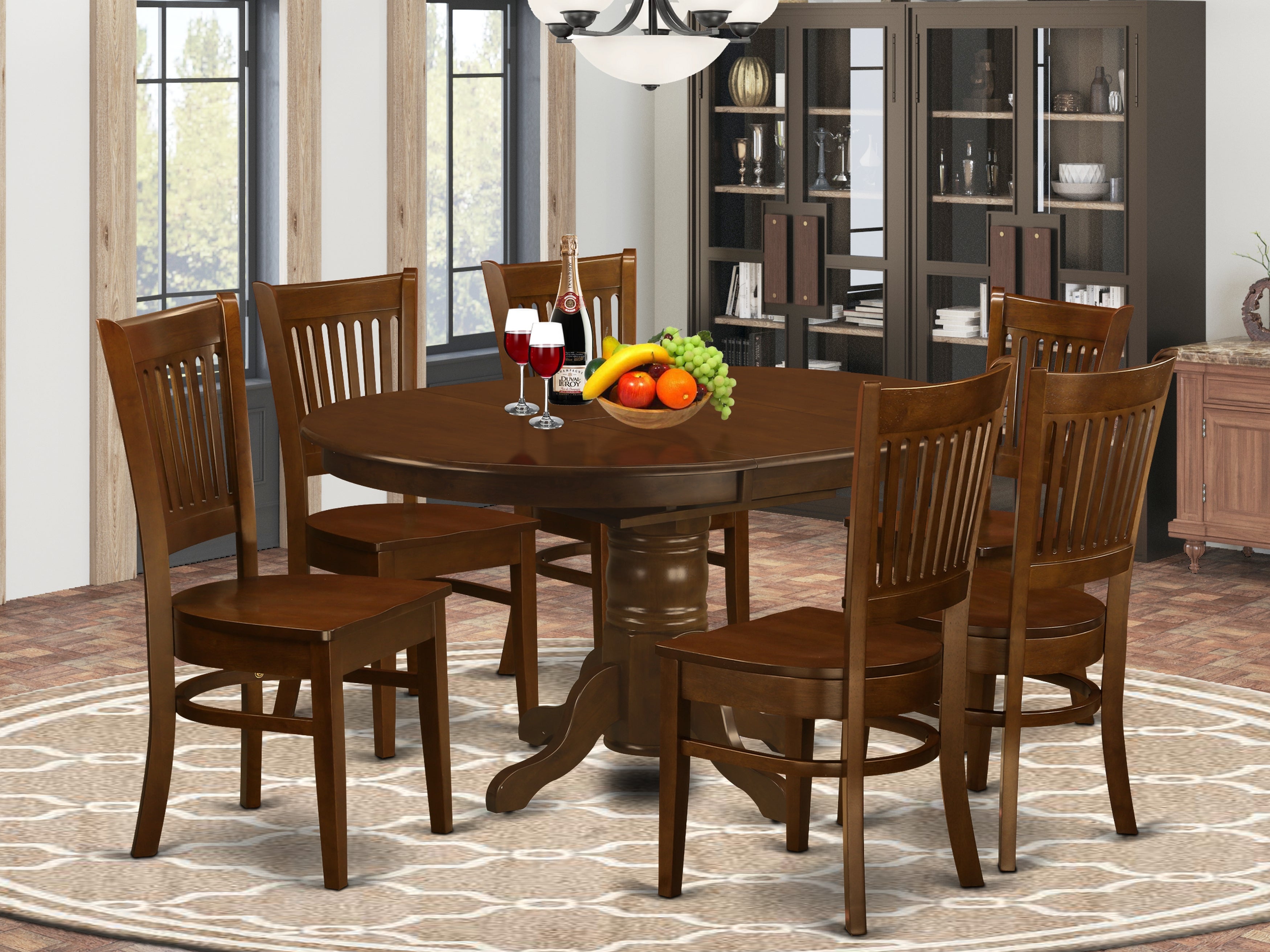 KEVA7-ESP-W 7 Pc set Kenley Dinette Table with a Leaf and 6 hard wood Seat Chairs in Espresso .