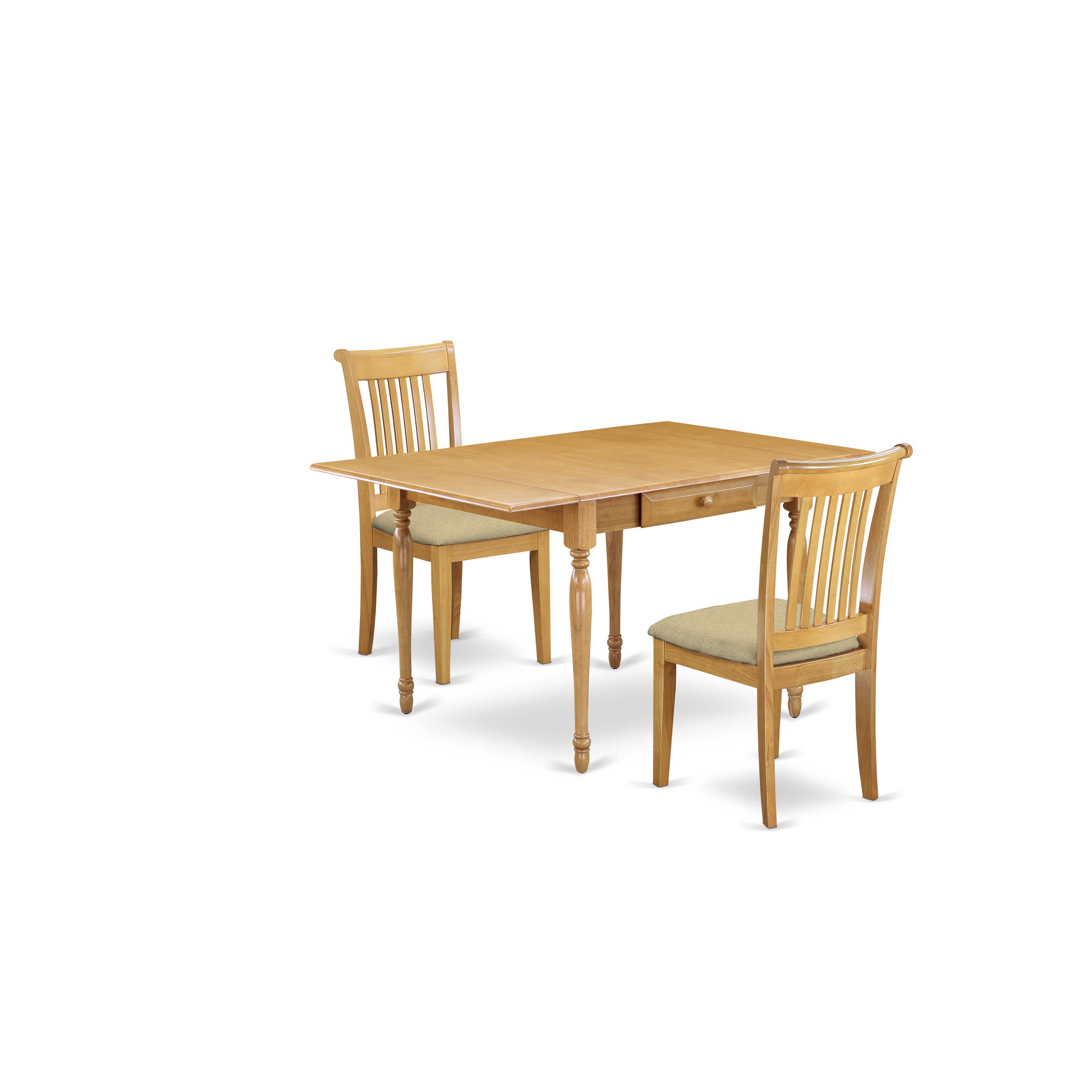 East West Furniture MZPO3-OAK-C 3 Pieces Dinette set - Strong Two 9-Inch Drop Down Leaves Solid Wood Dining Room Table and 2 Microfiber Upholstery Seat Kitchen Dining Chairs, Oak Finish