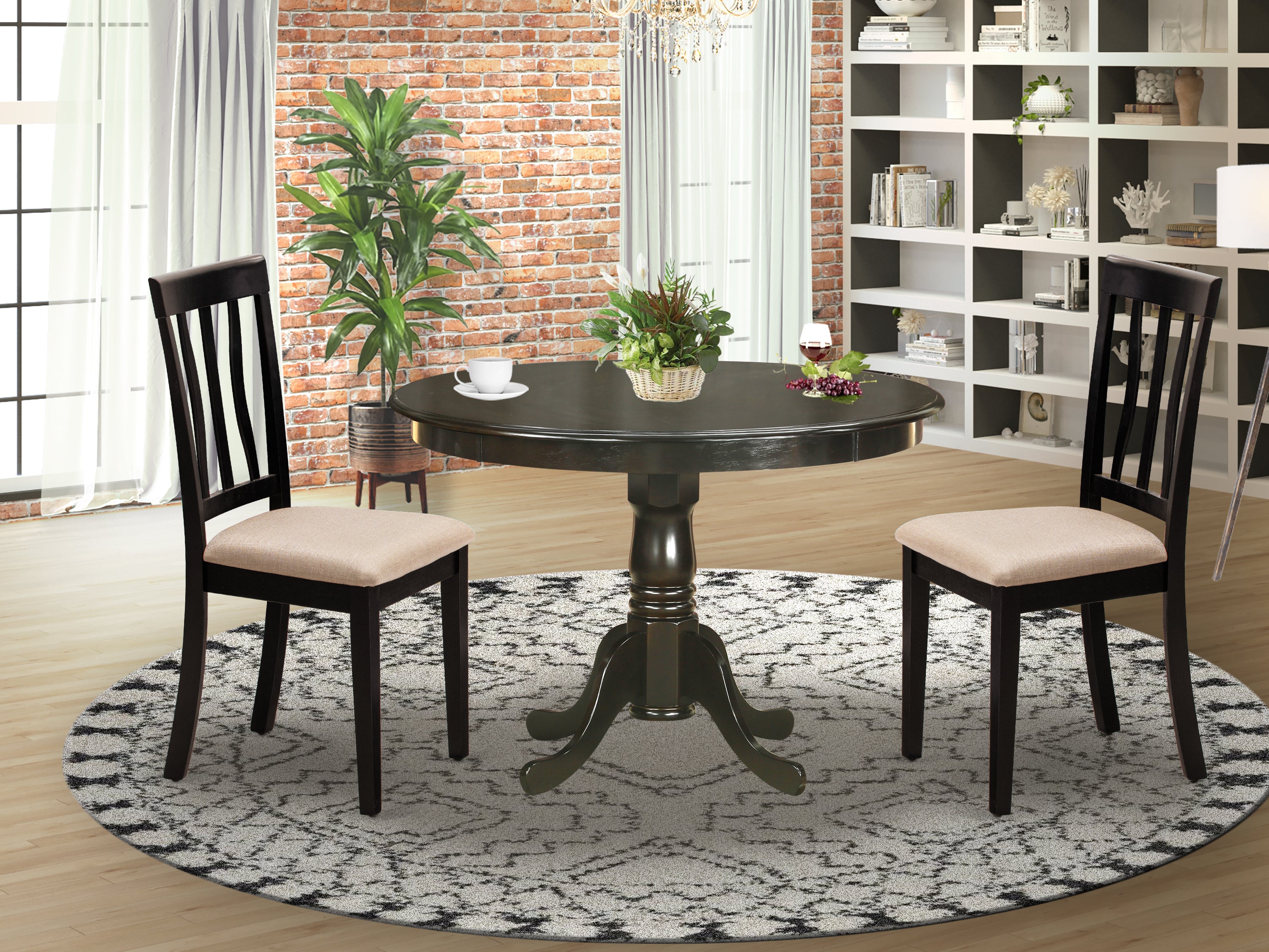 HLAN3-CAP-C 3 Pc Kitchen nook Dining set-round Kitchen Table and 2 slatted back Kitchen Chairs.