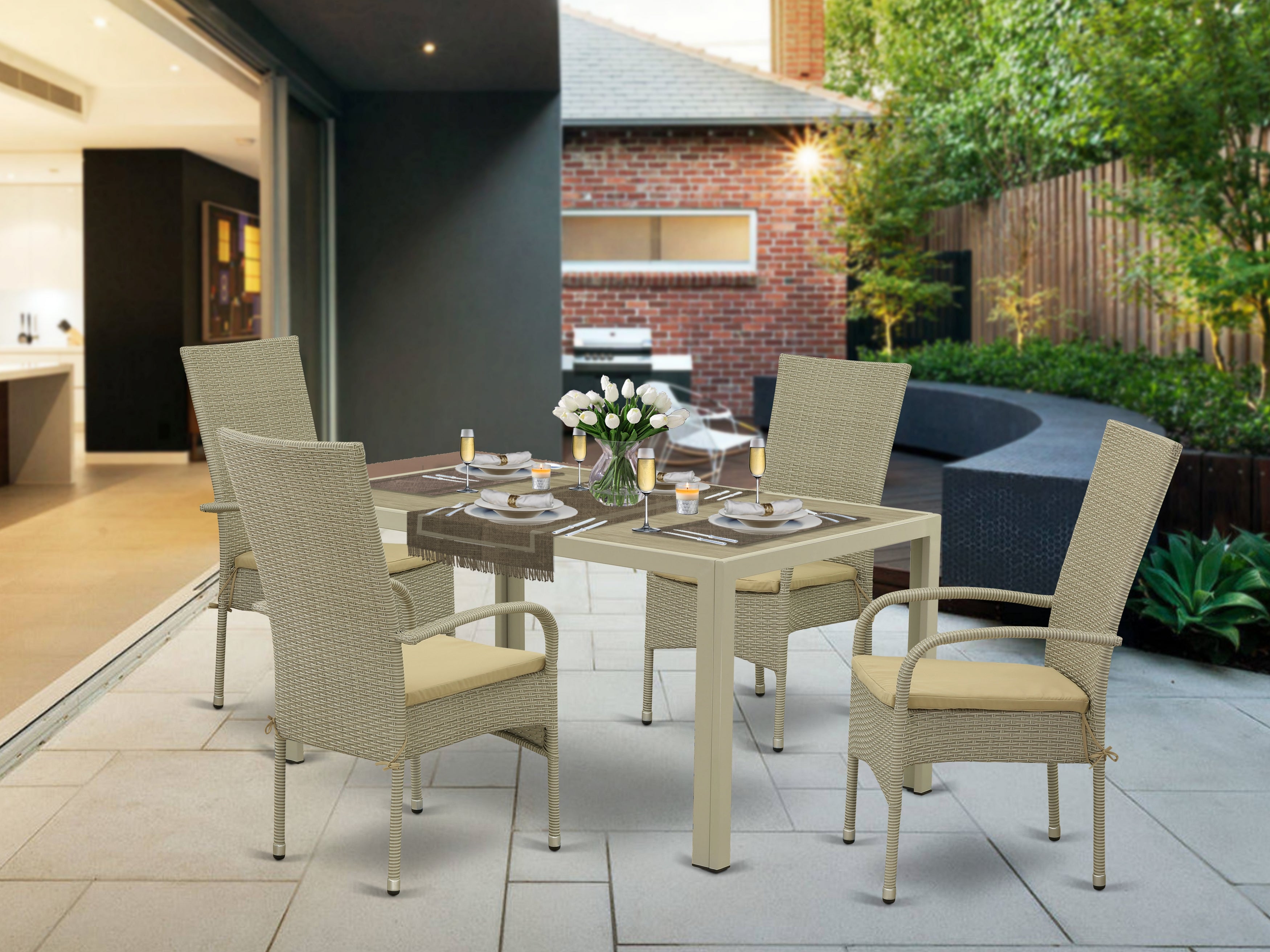 JUOS5-03A 5Pc Outdoor-Furniture Natural Color Wicker Dining Set Includes a Patio Table and 4 Balcony Backyard Armchair with Linen Fabric Cushion