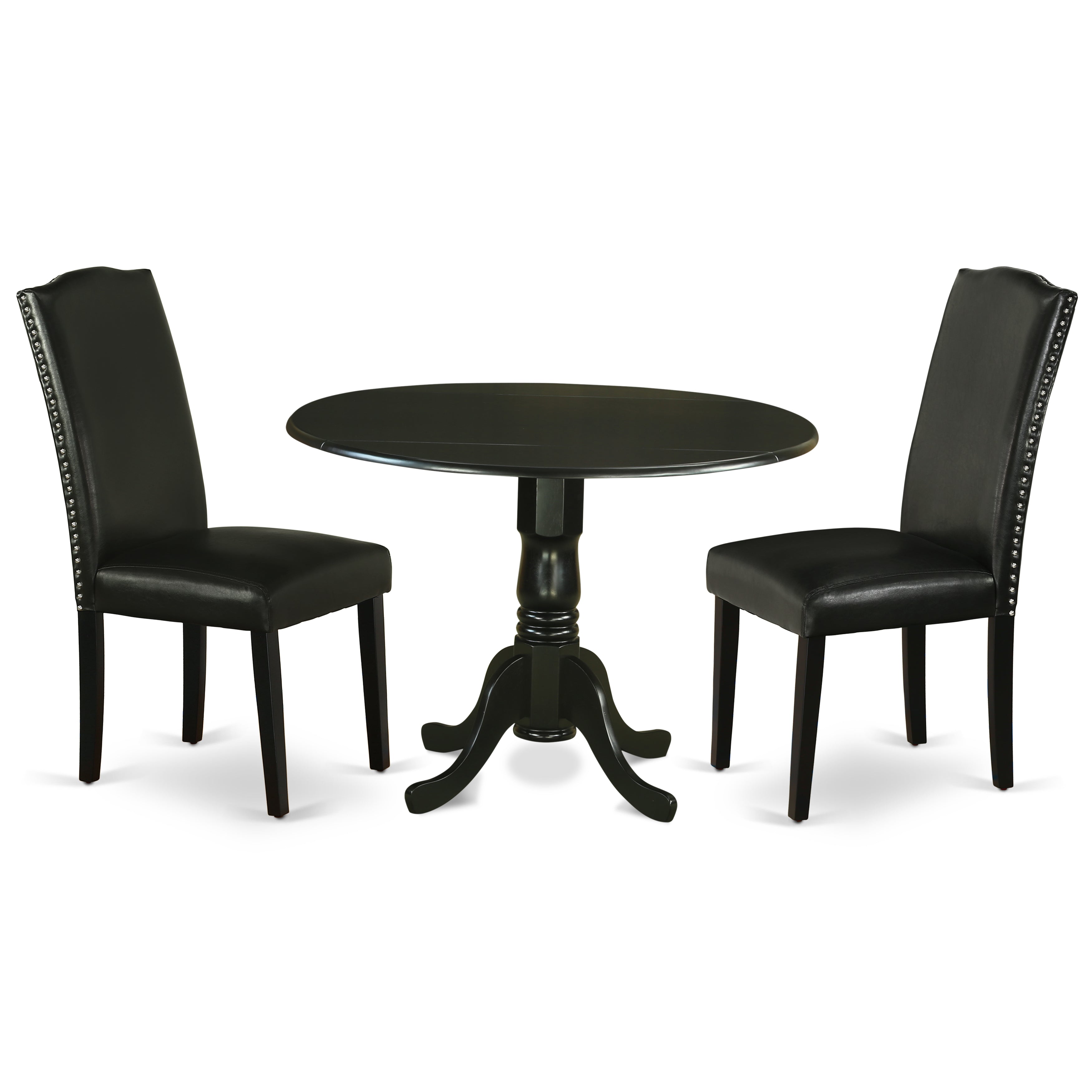 DLEN3-BLK-69 3Pc Round 42 Inch Dining Table With Two 9-Inch Drop Leaves And Two Parson Chair With Black Leg And Pu Leather Color Black
