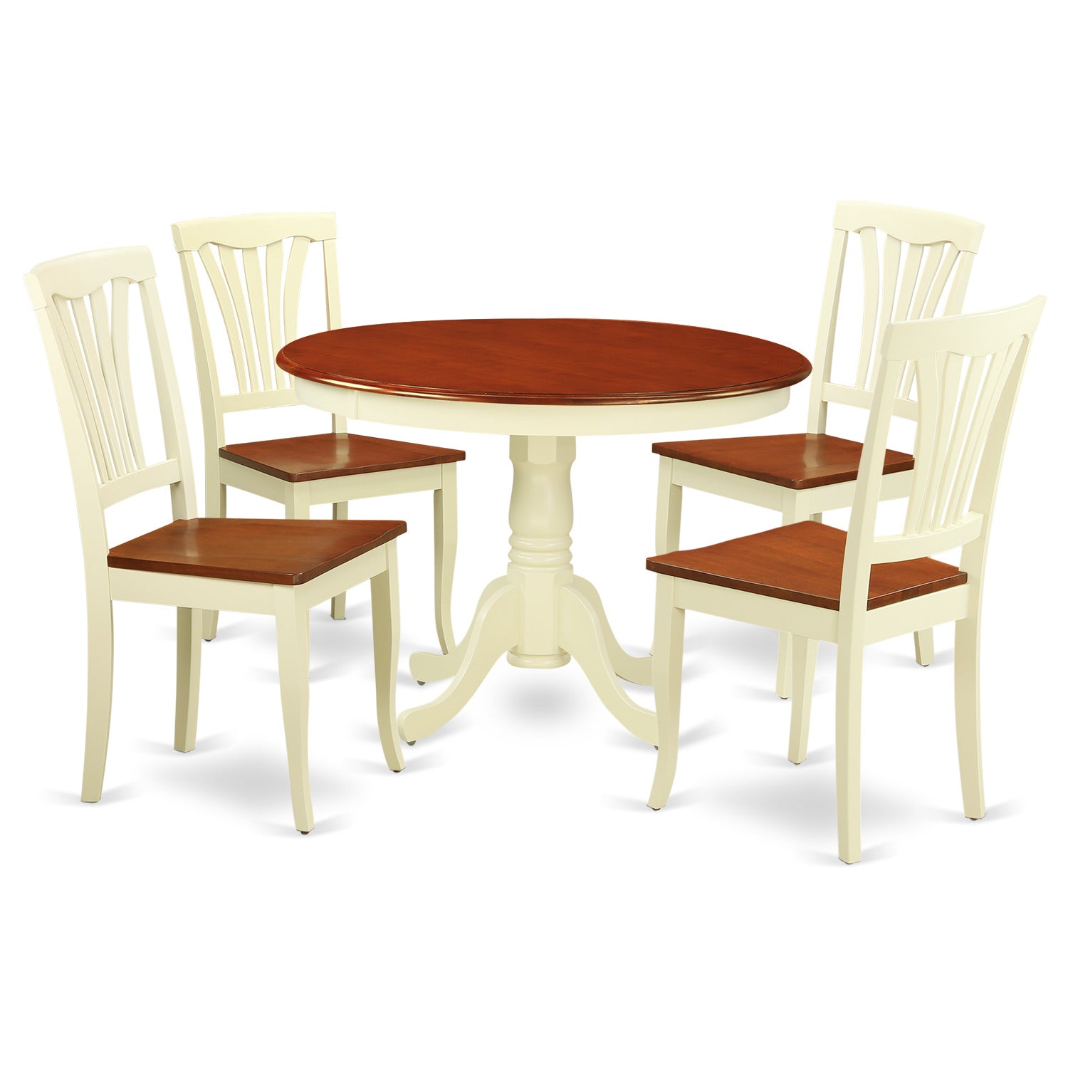 HLAV5-BMK-W 5 Pc set with a Round Dinette Table and 4 Leather Kitchen Chairs in Buttermilk and Cherry .