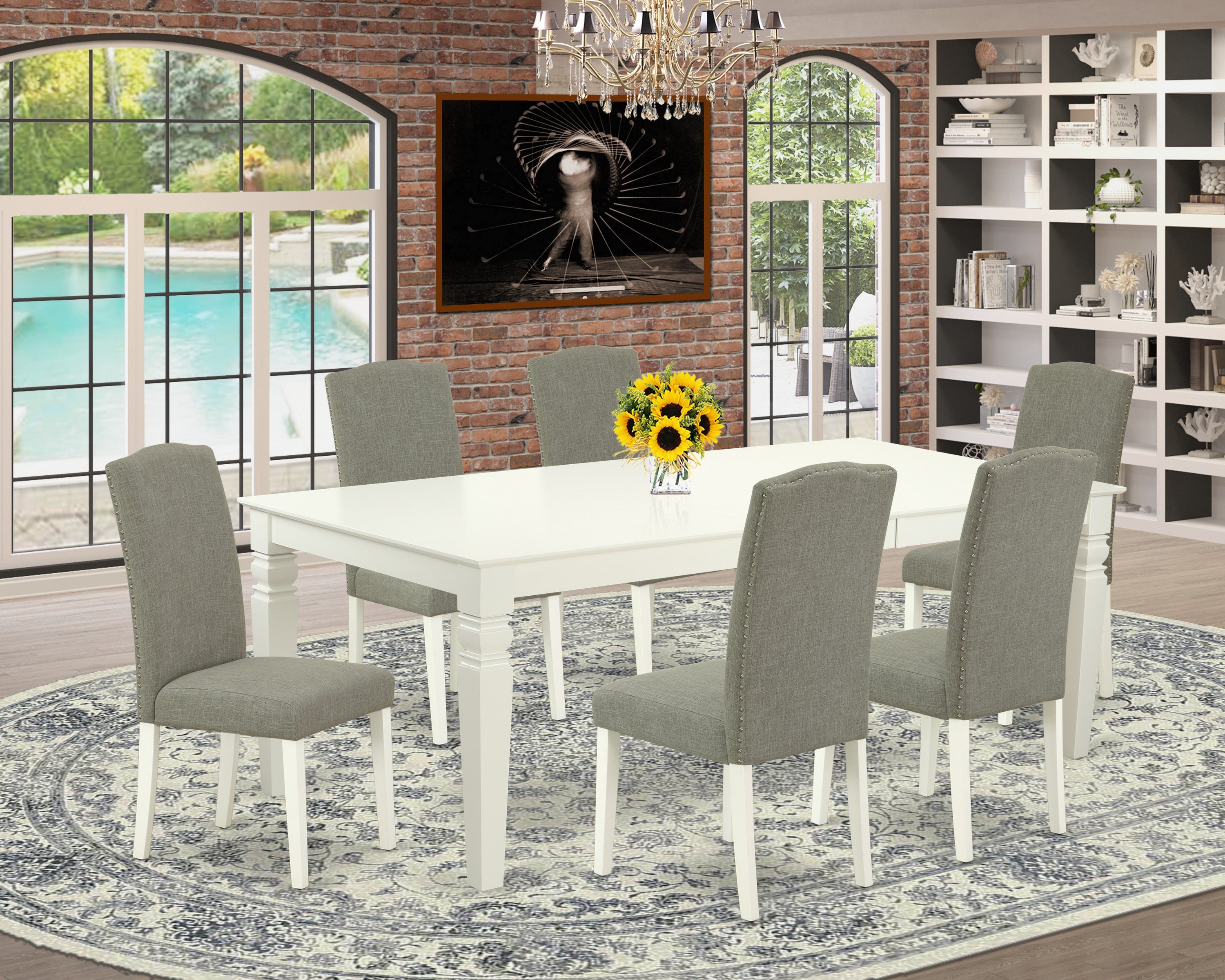 LGEN7-LWH-06 7Pc Rectangle 66/84" Kitchen Table With 18 In Self Storing Butterfly Leaf And Six Parson Chair With Linen White Leg And Linen Fabric Dark Shitake