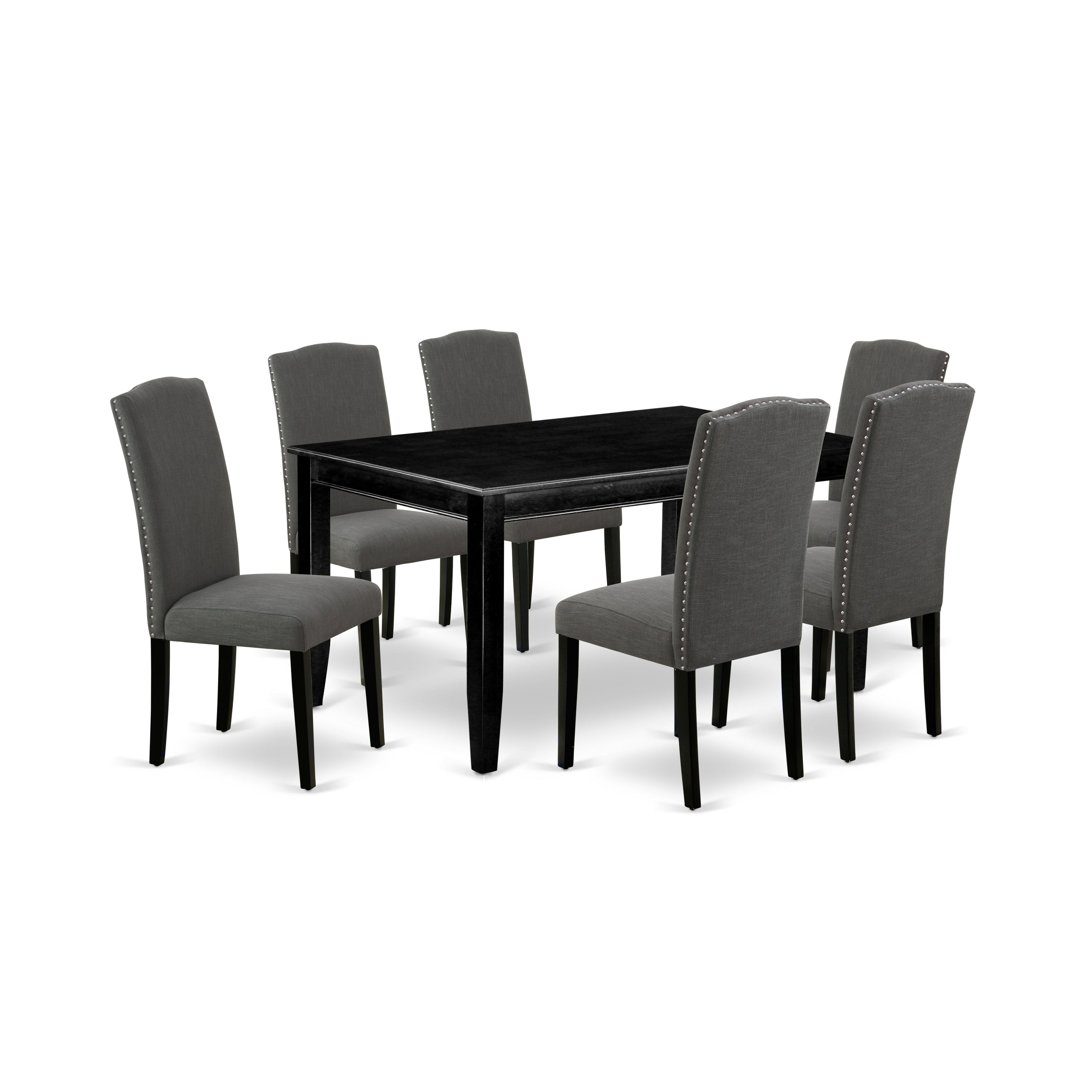 DUEN7-BLK-20 7Pc Rectangular 60 Inch Dining Table And Six Parson Chair With Black Leg And Linen Fabric Dark Gotham Grey