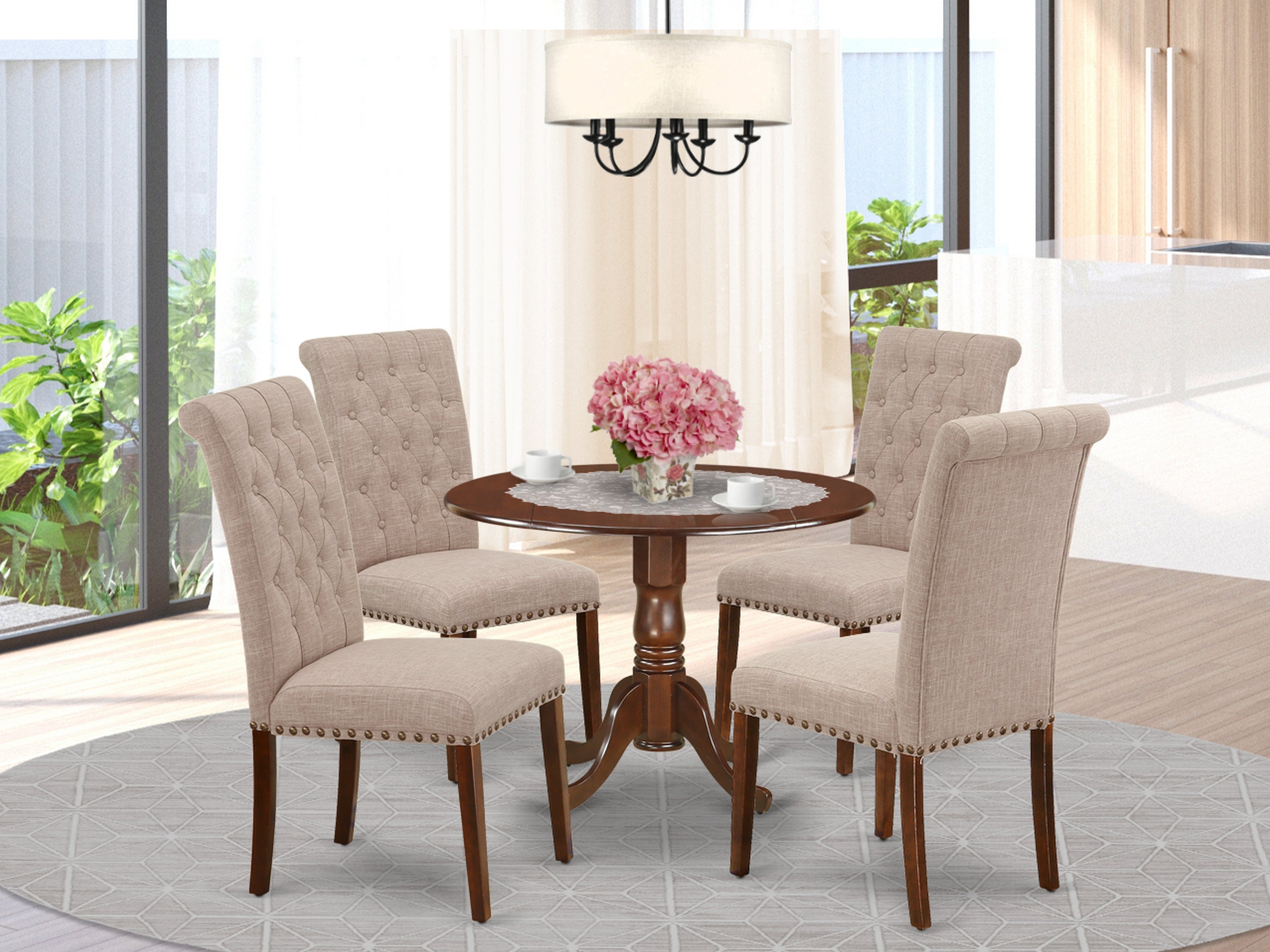 DLBR5-MAH-04 5Pc Dining Set Includes a Round Dinette Table with Drop Leaves and Four Parson Chairs with Light Fawn Fabric, Mahogany Finish
