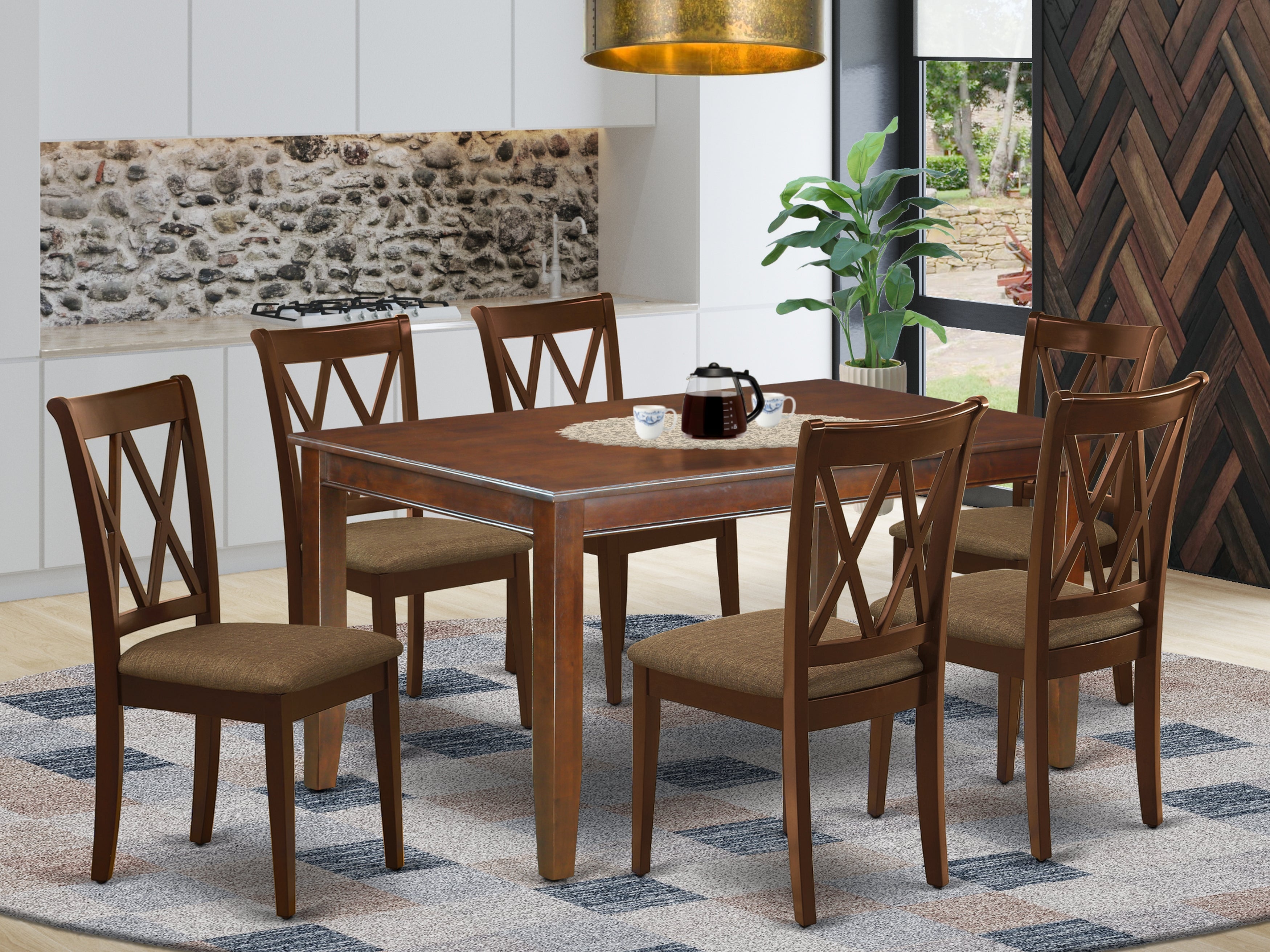 DUCL7-MAH-C 7Pc Dinette Set Includes a Rectangular Kitchen Table and Six Double X Back Microfiber Seat Dining Chairs, Mahogany Finish