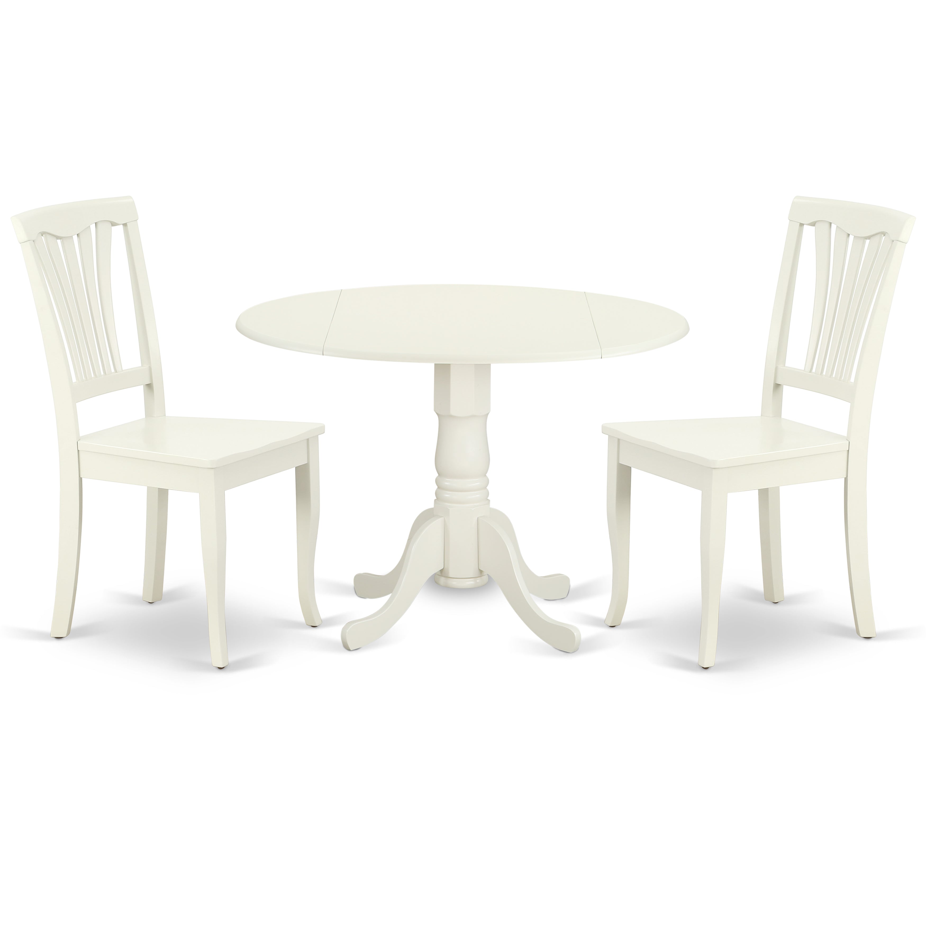 DLAV3-LWH-W 3PC Round 42 inch Table with Two 9-Inch Drop Leaves and 2 vertical slatted Chairs