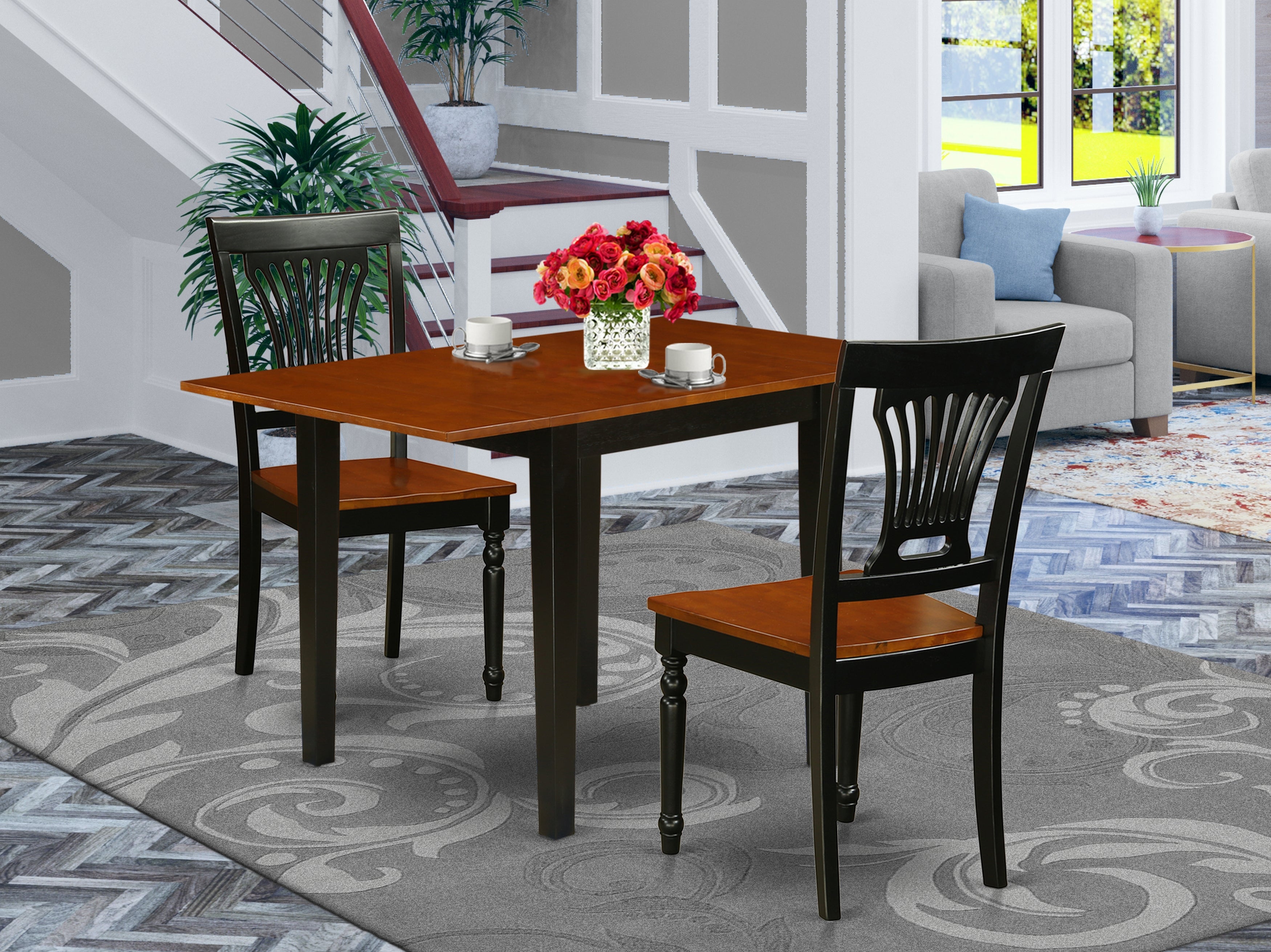 East West Furniture NDPL3-BCH-W, 3-Pc Kitchen Table Set Consists of a Small Table and 2 Kitchen Chairs with Solid Wood Seat and Panel Back, Black and Cherry Finish