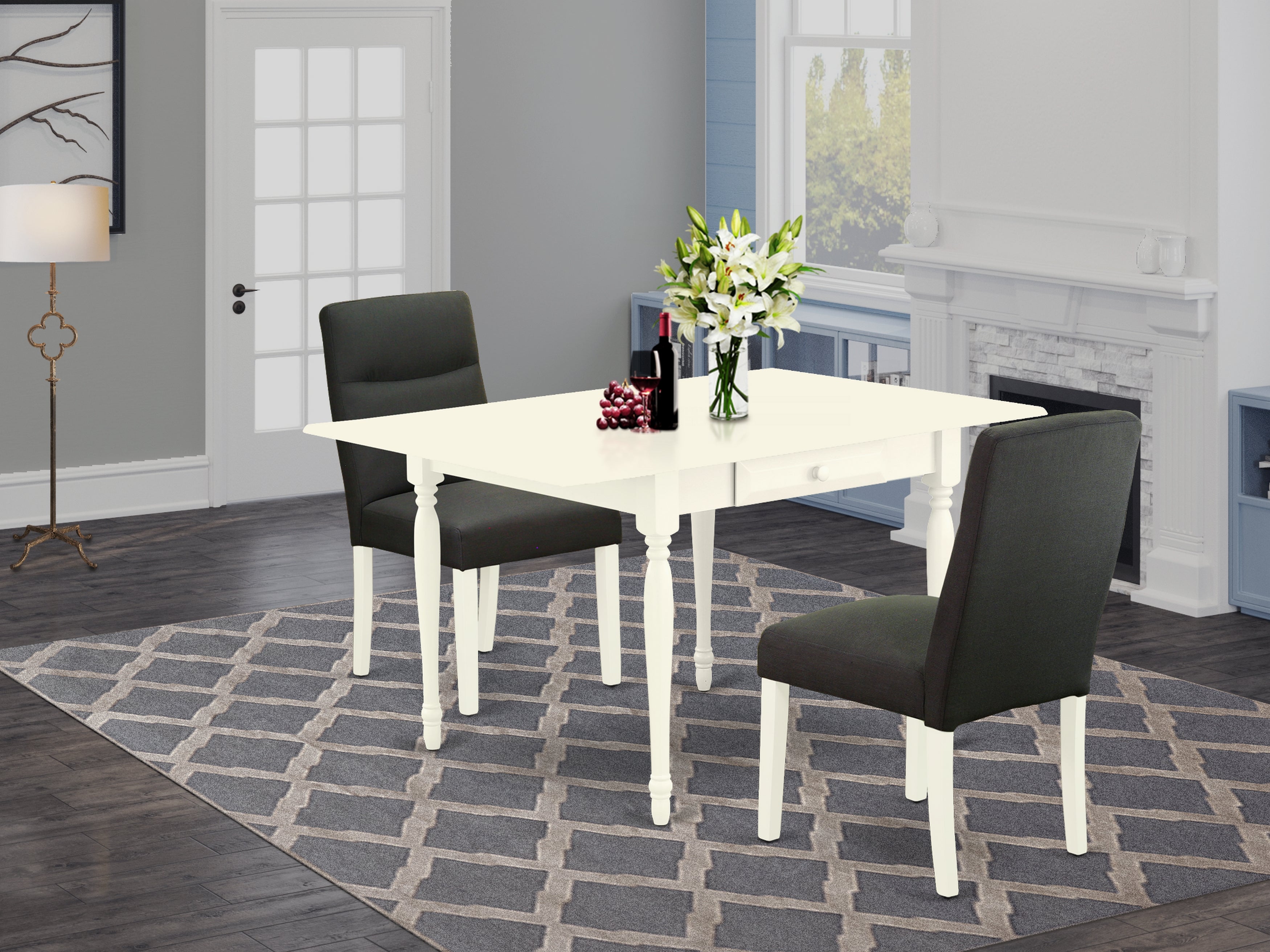 East West Furniture MZBE3-LWH-20 3Pc Dining Table Set Contains a Modern Dining Table and 2 Parson Dining Chairs with Dark Gotham Grey Color Linen Fabric, Drop Leaf Table with Full Back Chairs, Linen White Finish