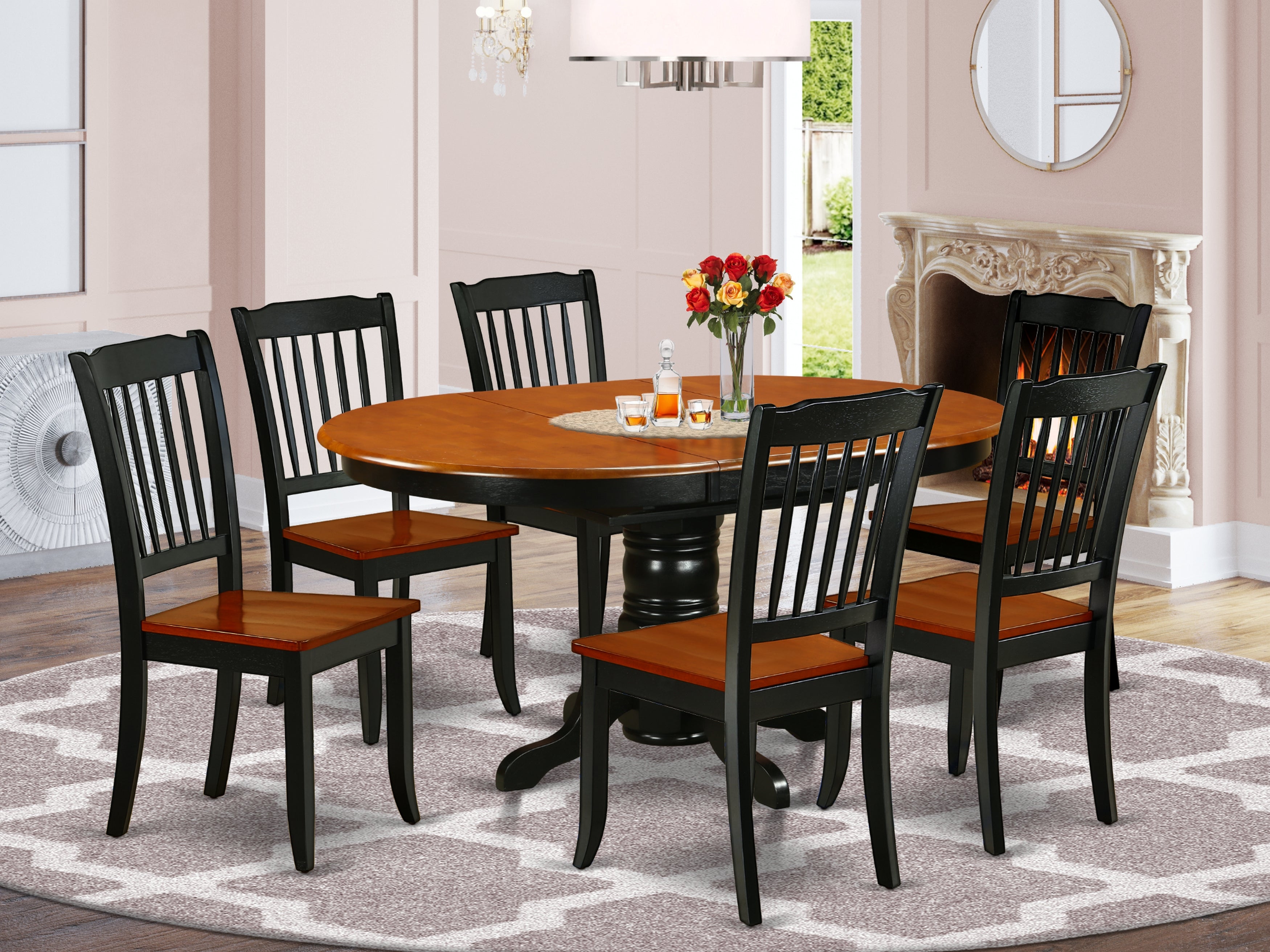 KEDA7-BCH-W 7PC Oval 42/60 inch Table with 18 In Leaf and 6 vertical slatted Chairs