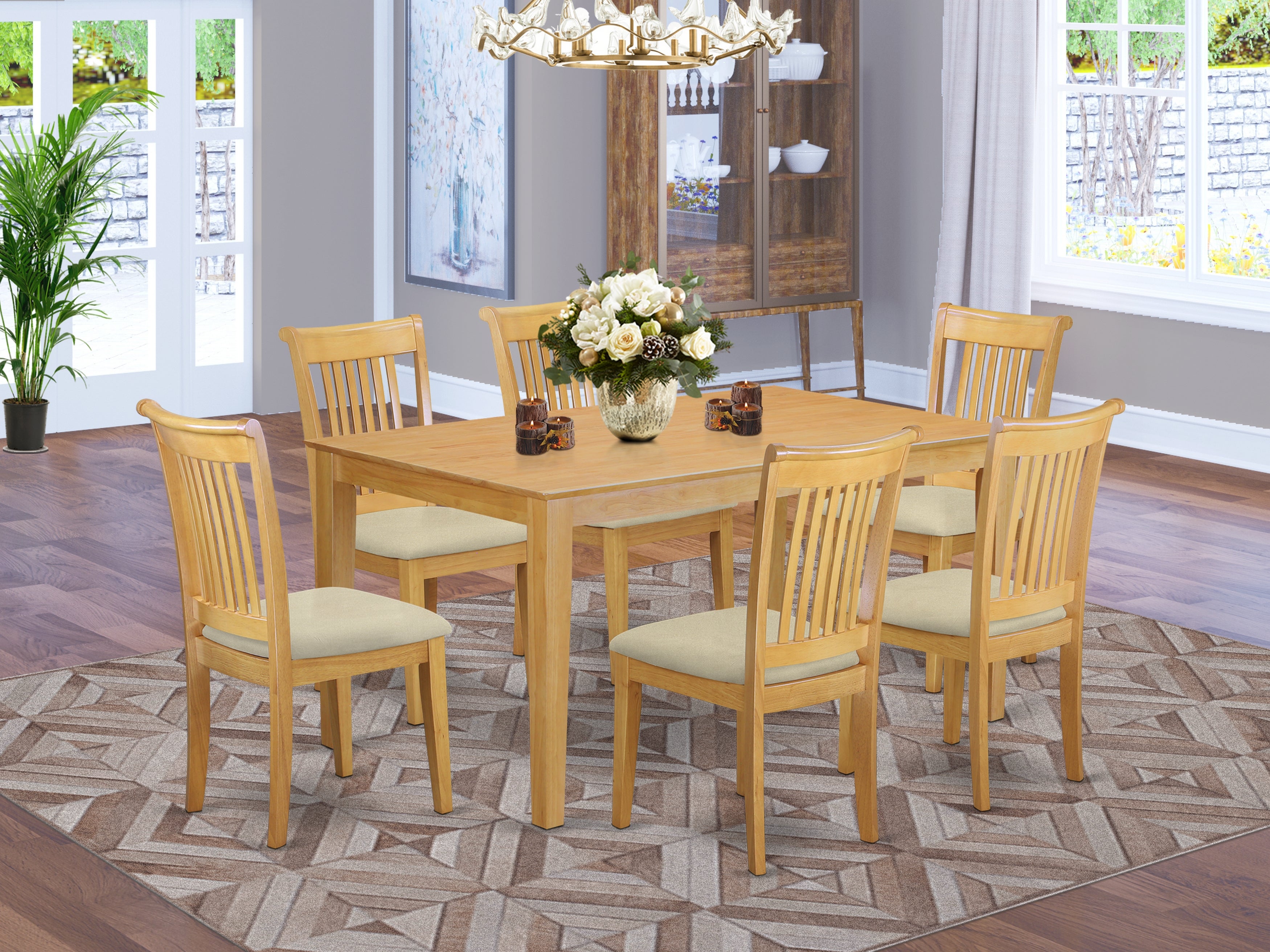 CAPO7-OAK-C 7 Piece dining table set- Solid Top dining room table and 6 Cushion Seat dining chairs