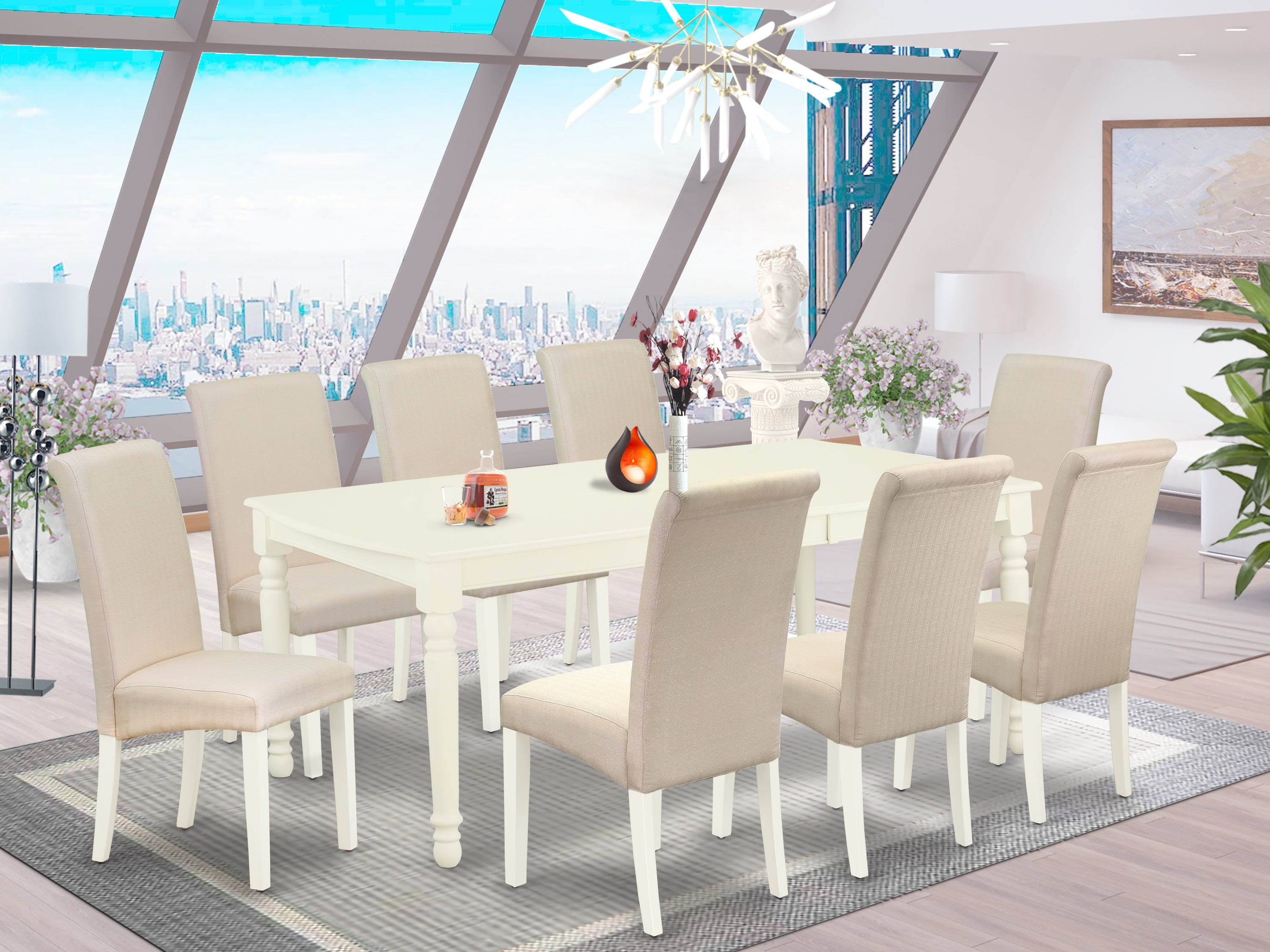 DOBA9-LWH-01 9Pc Dining Set Includes a Rectangle Dinette Table with Butterfly Leaf and Eight Parson Chairs with Cream Fabric, Linen White Finish