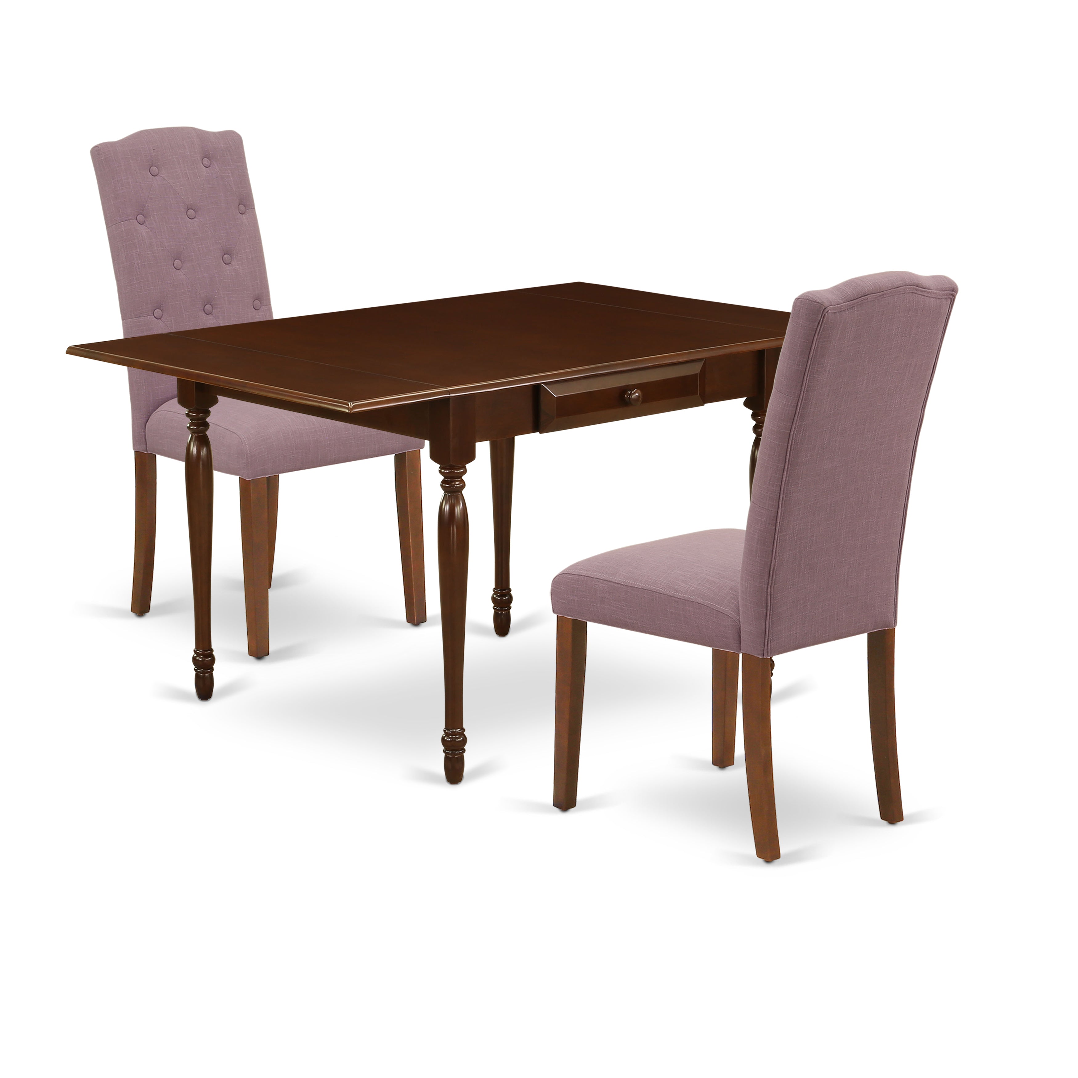 East West Furniture MZCE3-MAH-10 3Pc Dining Room Table Set Offers a Modern Dining Table and 2 Parsons Dining Chairs with Dahlia Color Linen Fabric, Drop Leaf Table with Full Back Chairs, Mahogany Finish