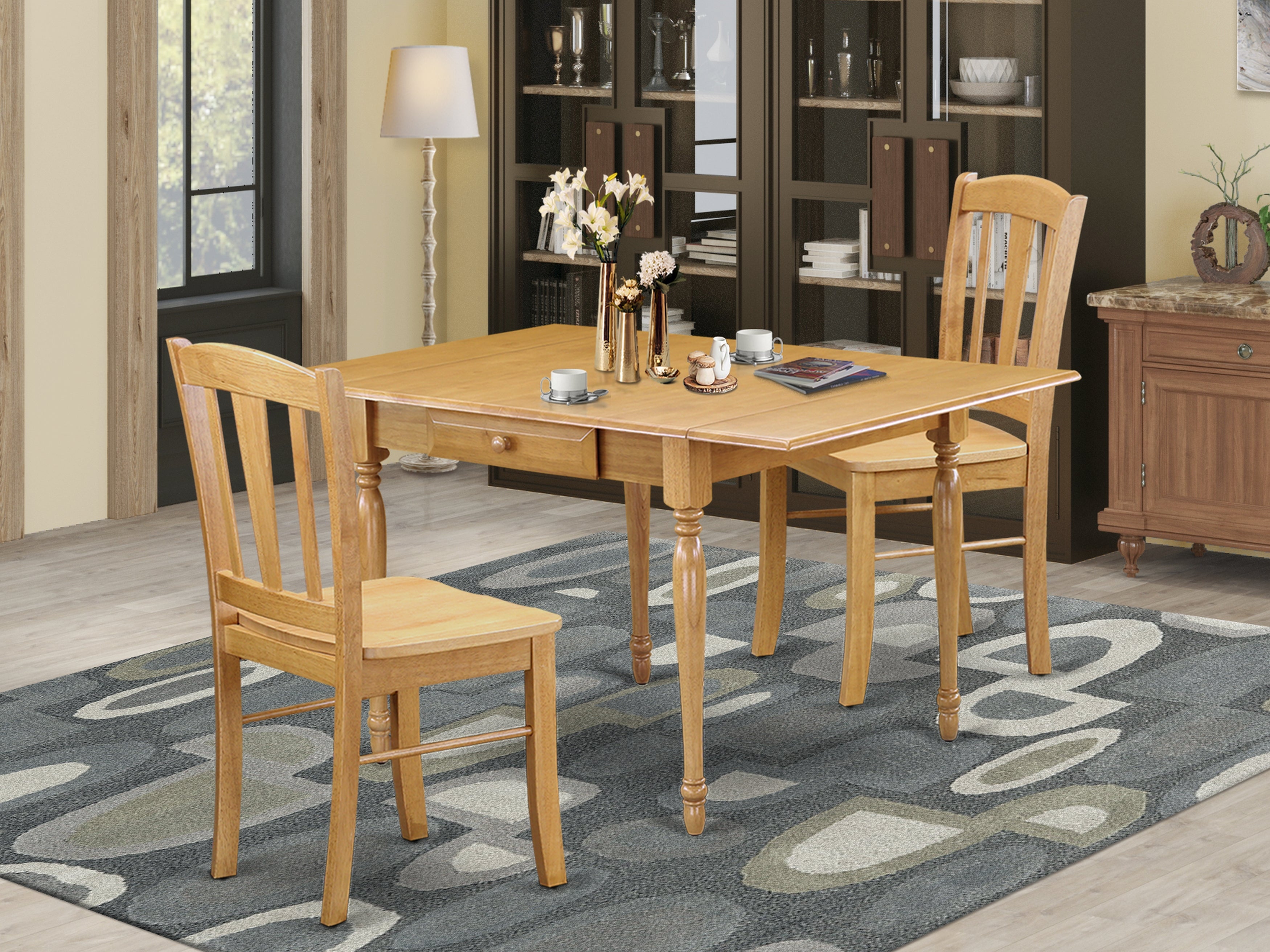 East West Furniture MZDL3-OAK-W 3Pc Dining Table Set Consists of a Dining Room Table and 2 Modern Dining Chairs with Wooden Seat, Drop Leaf Table with Panel Back Chairs, Oak Finish