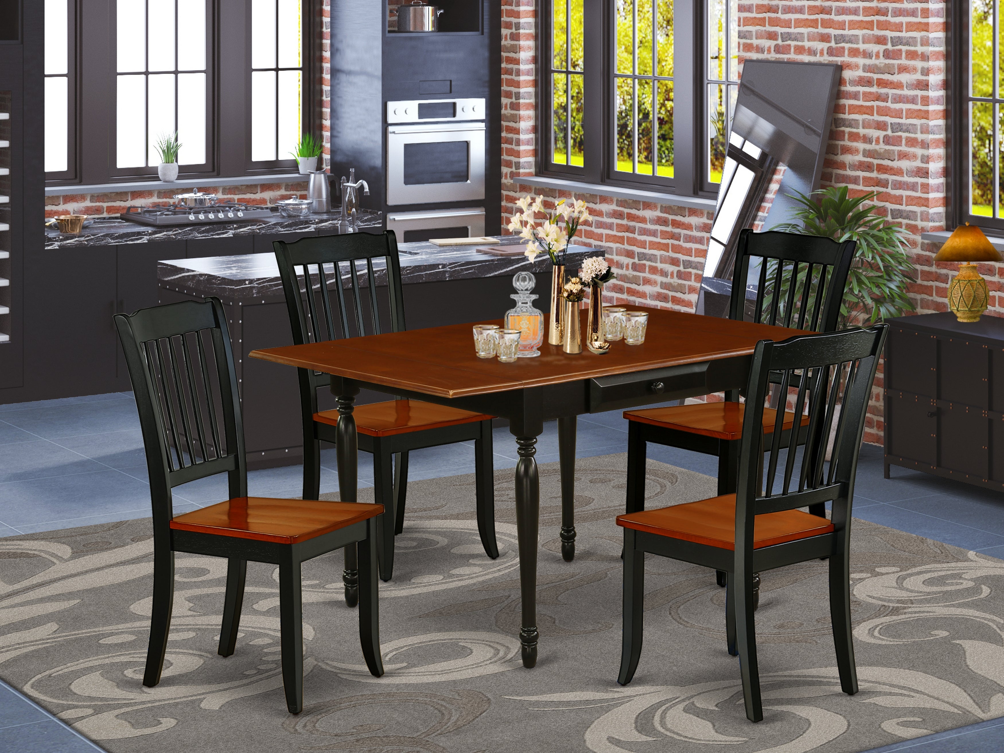 East West Furniture MZDA5-BCH-W 5Pc Kitchen Set Offers a Dining Room Table and 4 Wood Dining Chairs with Wooden Seat, Drop Leaf Table with Slat Back Chairs, Black and Cherry Finish