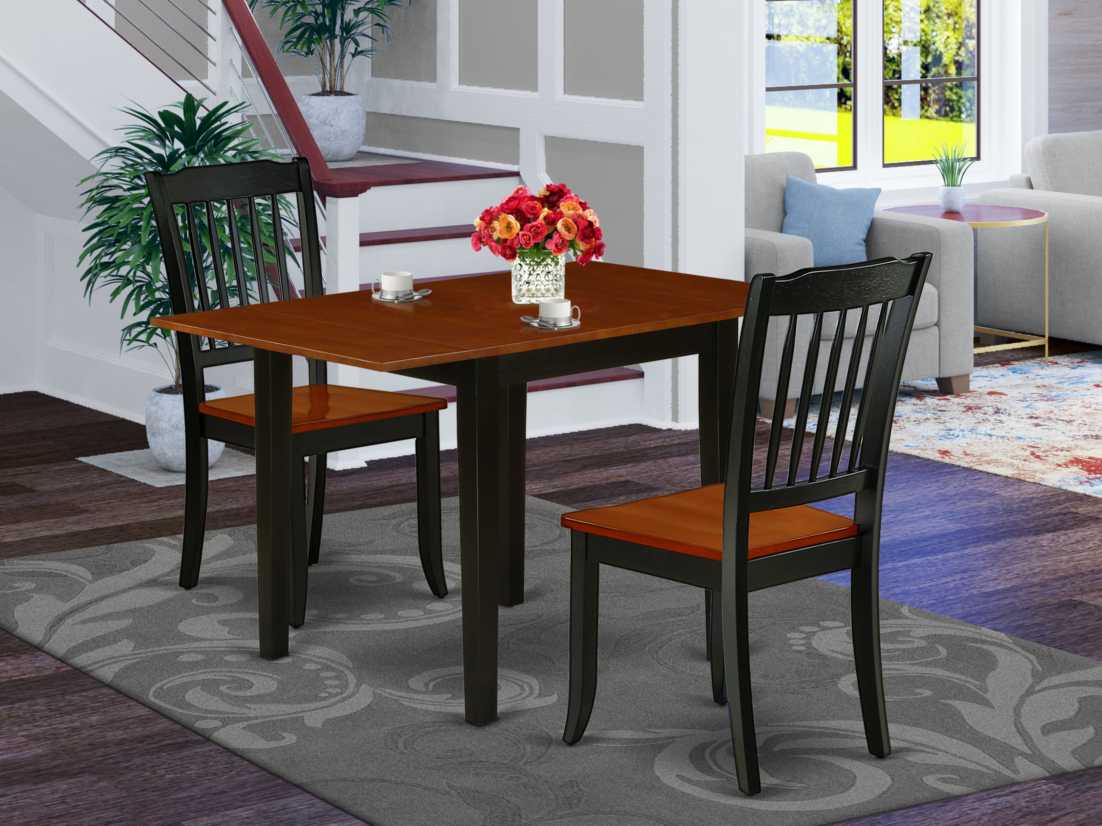 East West Furniture NDDA3-BCH-W Dining Room Table Set 3 Pcs- 2 Outstanding Kitchen Dining Chairs and a Beautiful Dining Room Table - Cherry Finish Wooden Chair Seat and Table Top - Black Finish Wooden Frame.