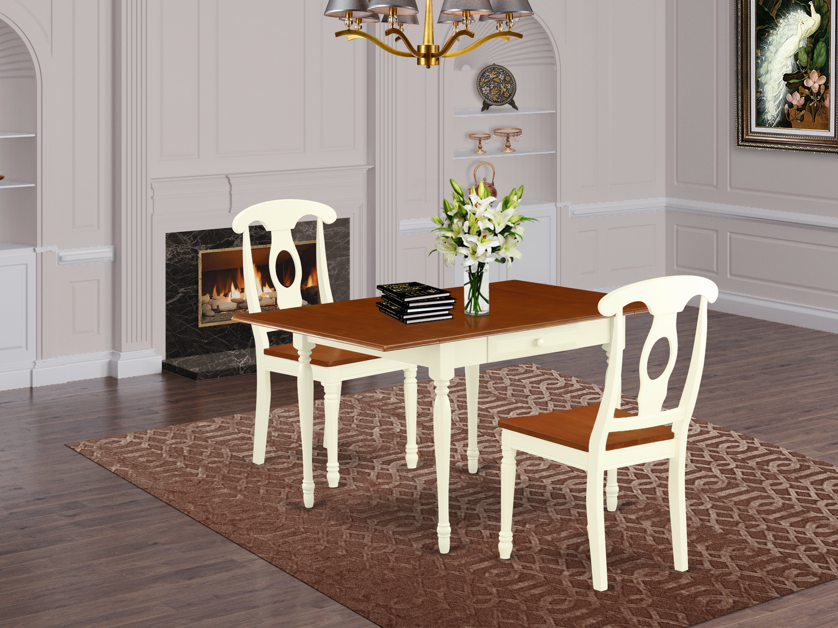 East West Furniture MZKE3-WHI-W 3 Pieces Kitchen Dining Table set - Robust Two 9-Inch Drop Down Leaves Wooden Dining Room Table and 2 Wooden Seat Dining Chairs, Buttermilk and Cherry Finish