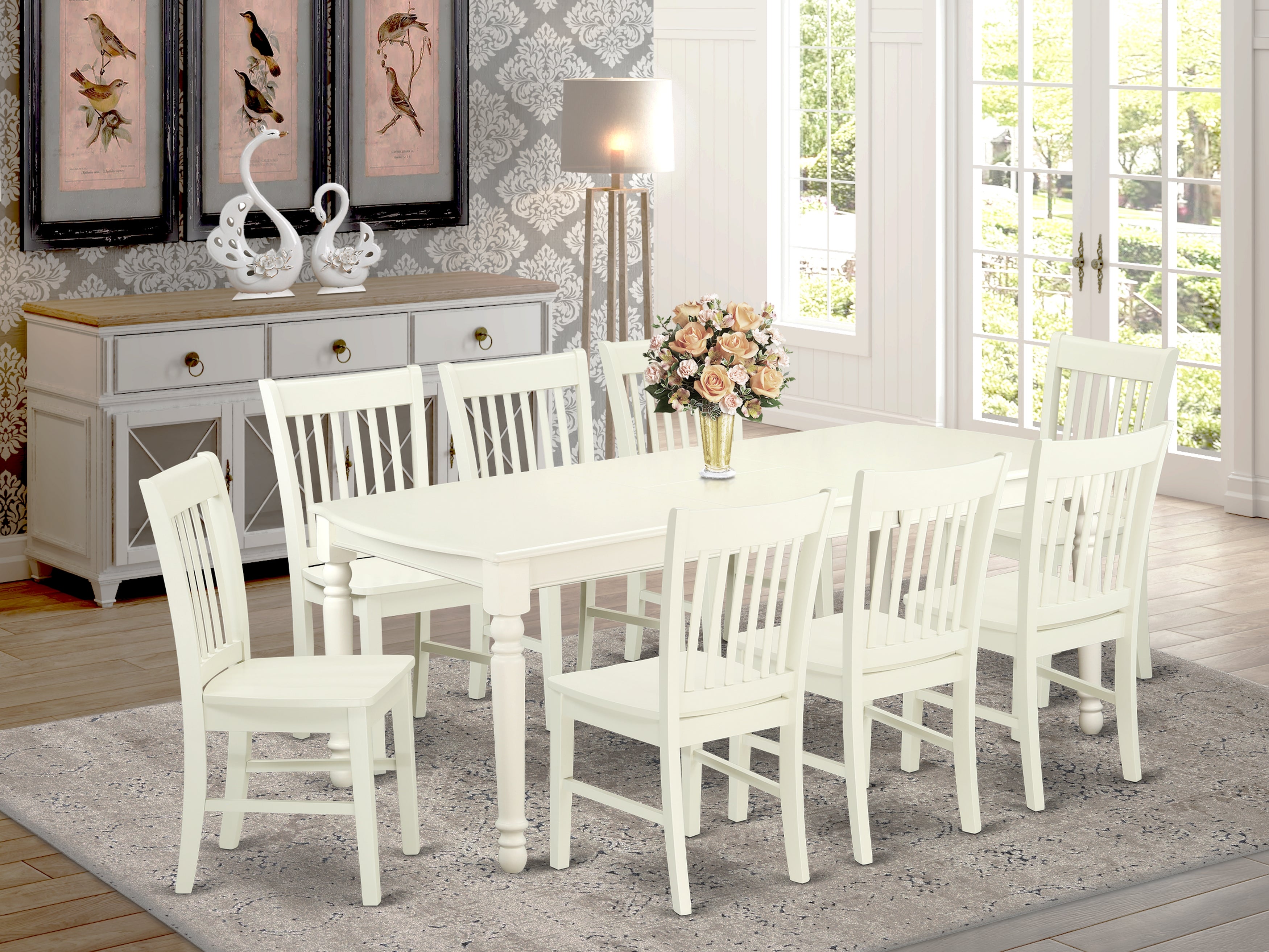 DONO9-LWH-W 9 PC kitchen tables and chair set with one Dover dining table and 8 kitchen chairs in a Linen White Finish