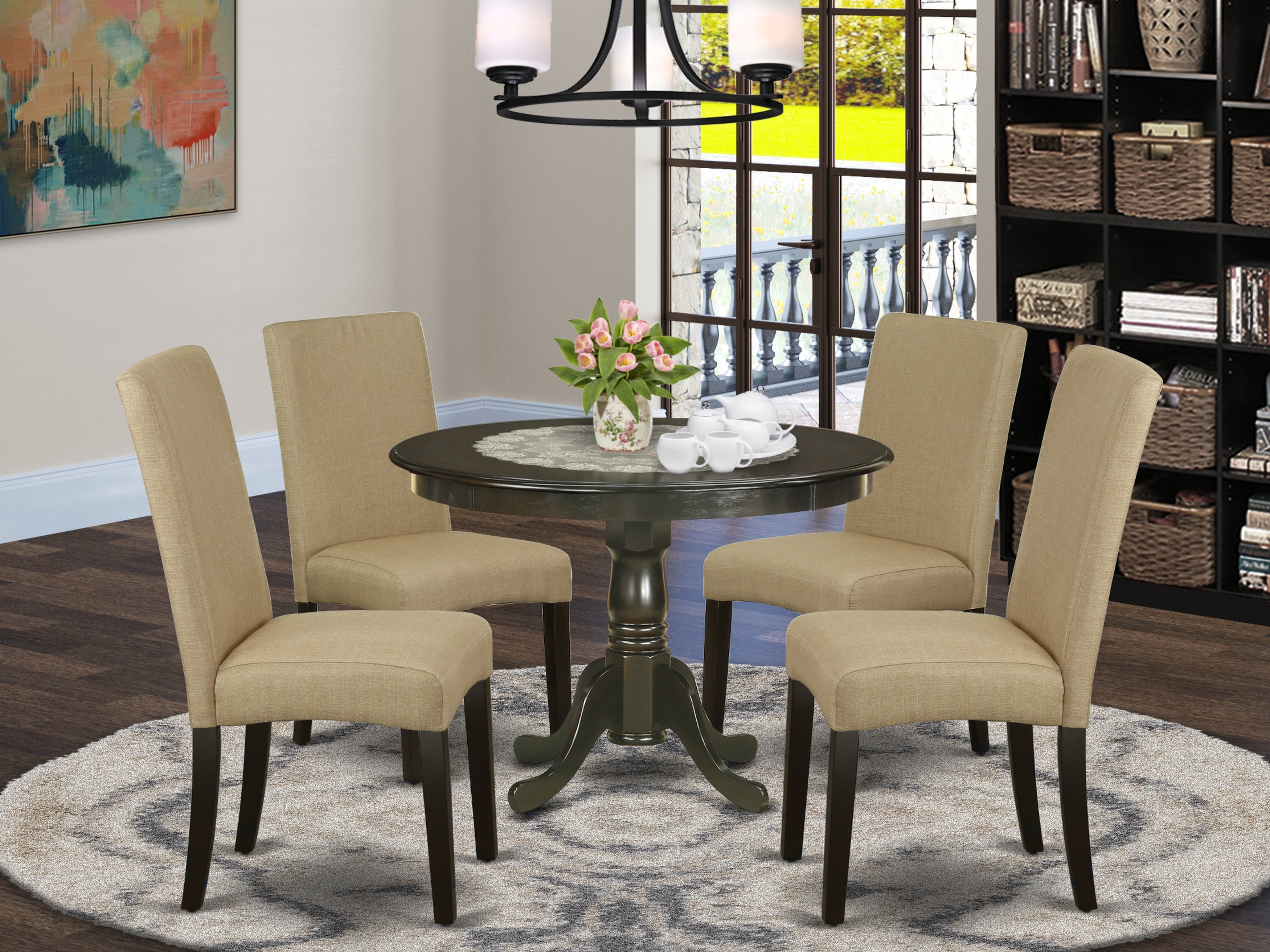 HLDR5-CAP-03 5Pc Round 42 Inch Dinette Table And Four Parson Chair With Cappuccino Finish Leg And Linen Fabric- Brown Color
