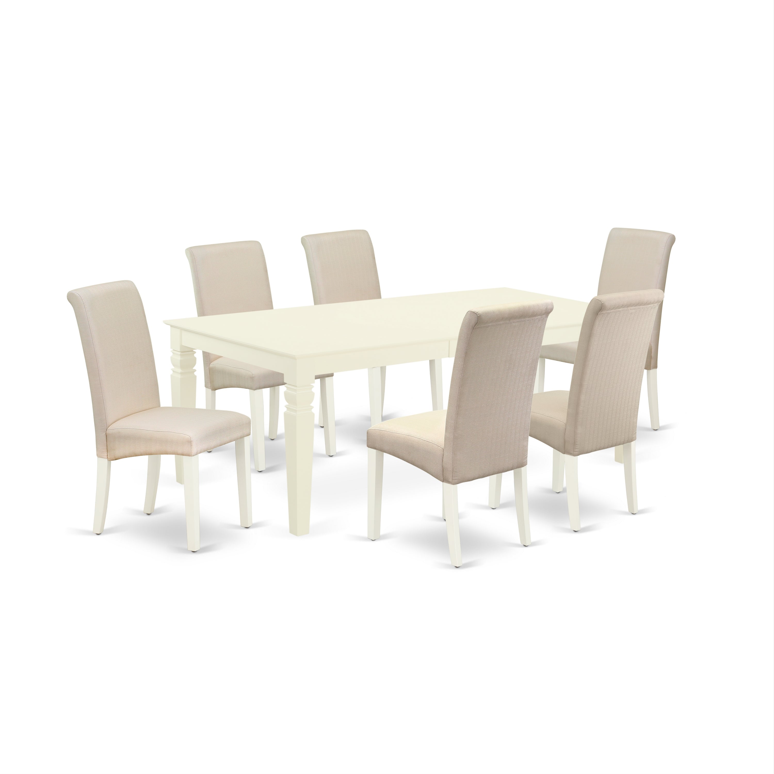 LGBA7-LWH-01 7Pc Dinette Set Includes a Rectangular Kitchen Table with Butterfly Leaf and Six Parson Chairs with Cream Fabric, Linen White Finish