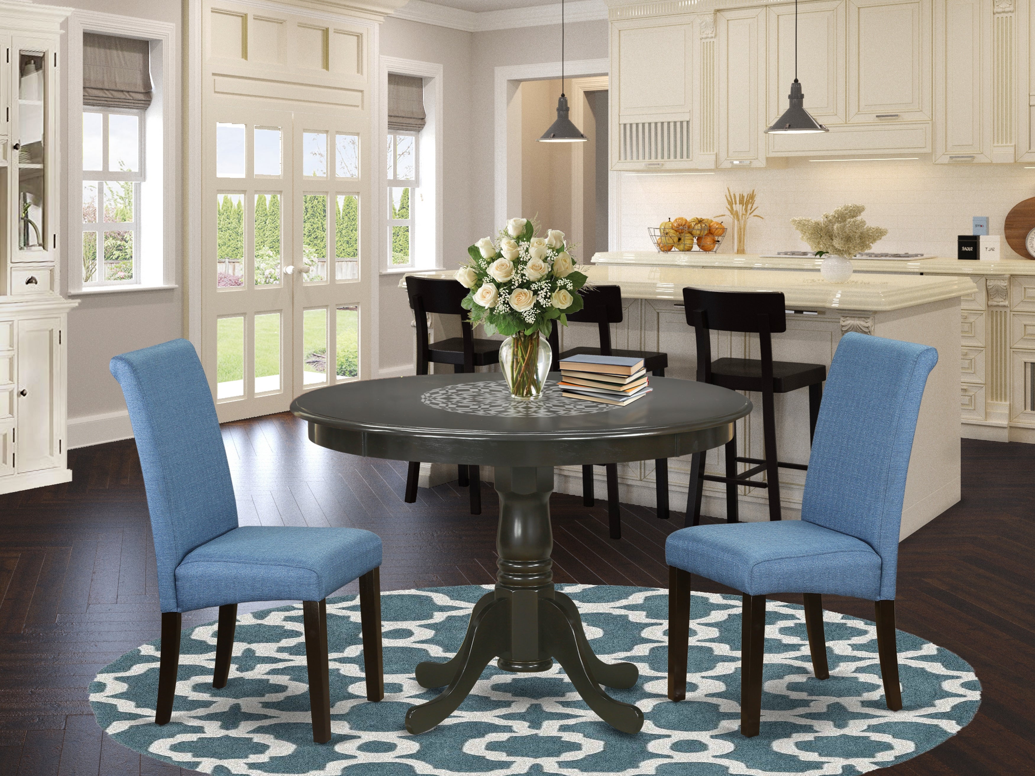 HLBA3-CAP-21 3Pc Small Round table with linen Blue fabric Parson chairs with cappuccino chair legs