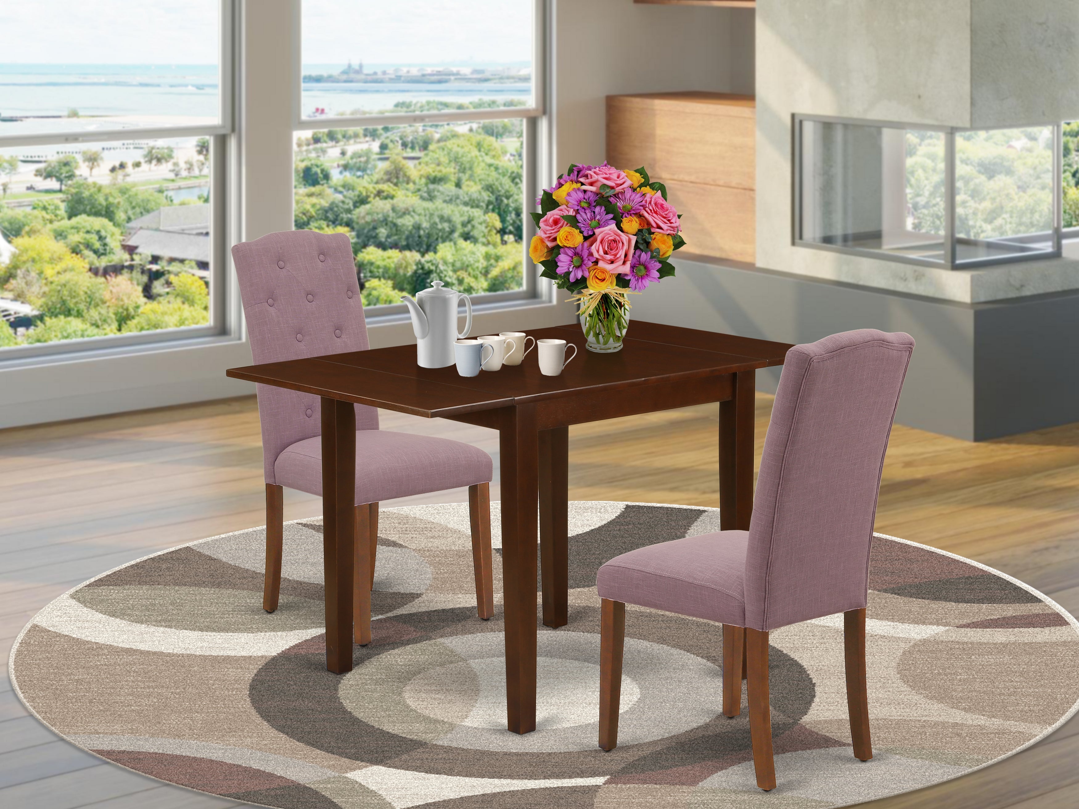 East West Furniture NDCE3-MAH-10 Wooden Dining Table Set 3 Pc - 2 Dining Chairs and a Dining Table - Mahogany Finish Wood - Dahlia Color Linen Fabric