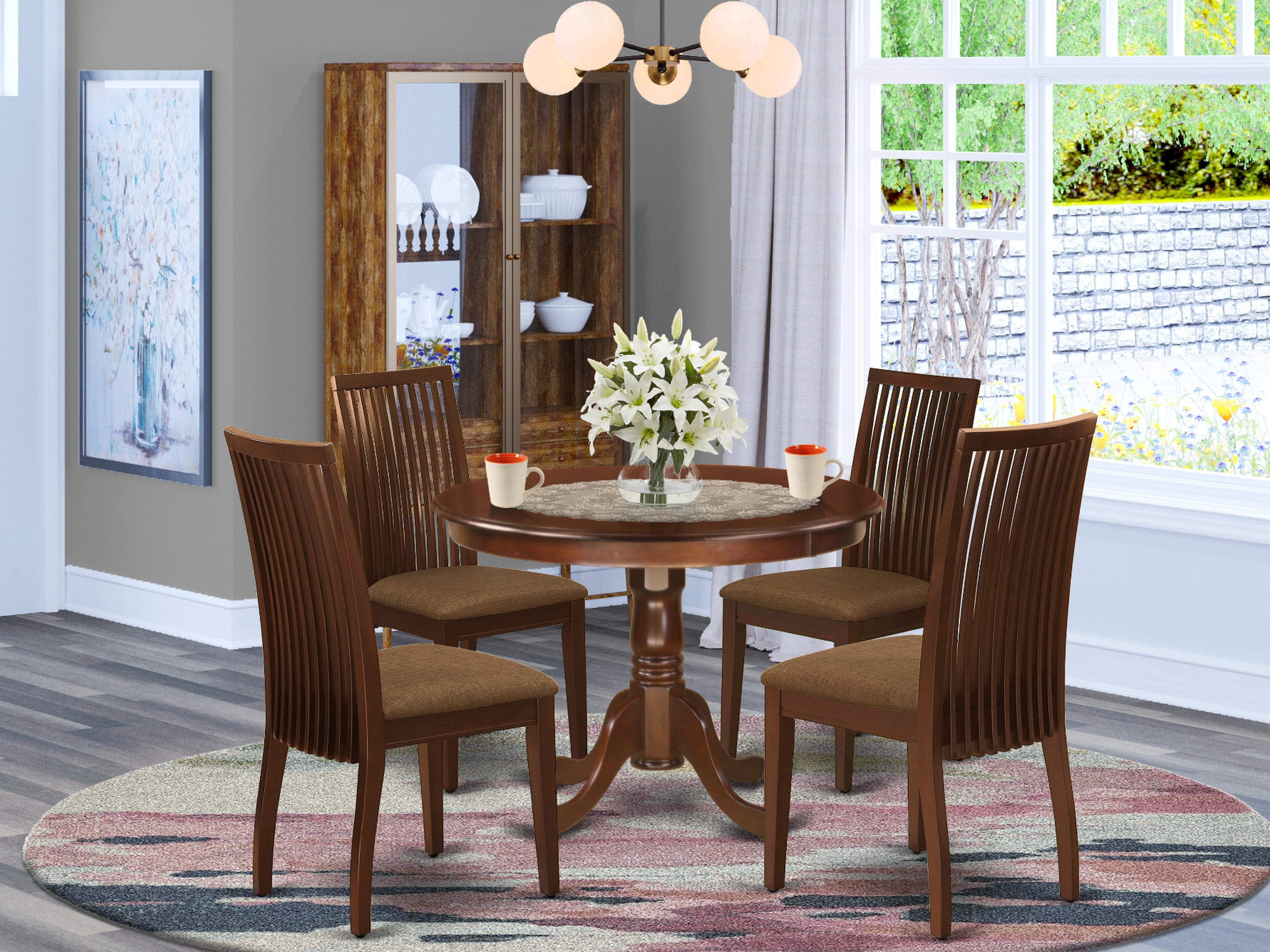HLIP5-MAH-C 5Pc Dining Set Includes a Round Dinette Table and Four Microfiber Seat Dining Chairs, Mahogany Finish