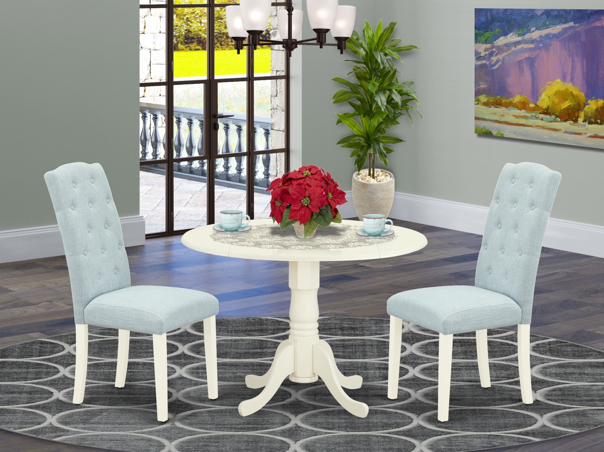3Pc Dropleaf White Round Kitchen Dining Table and Two Parson Chairs in Baby Blue