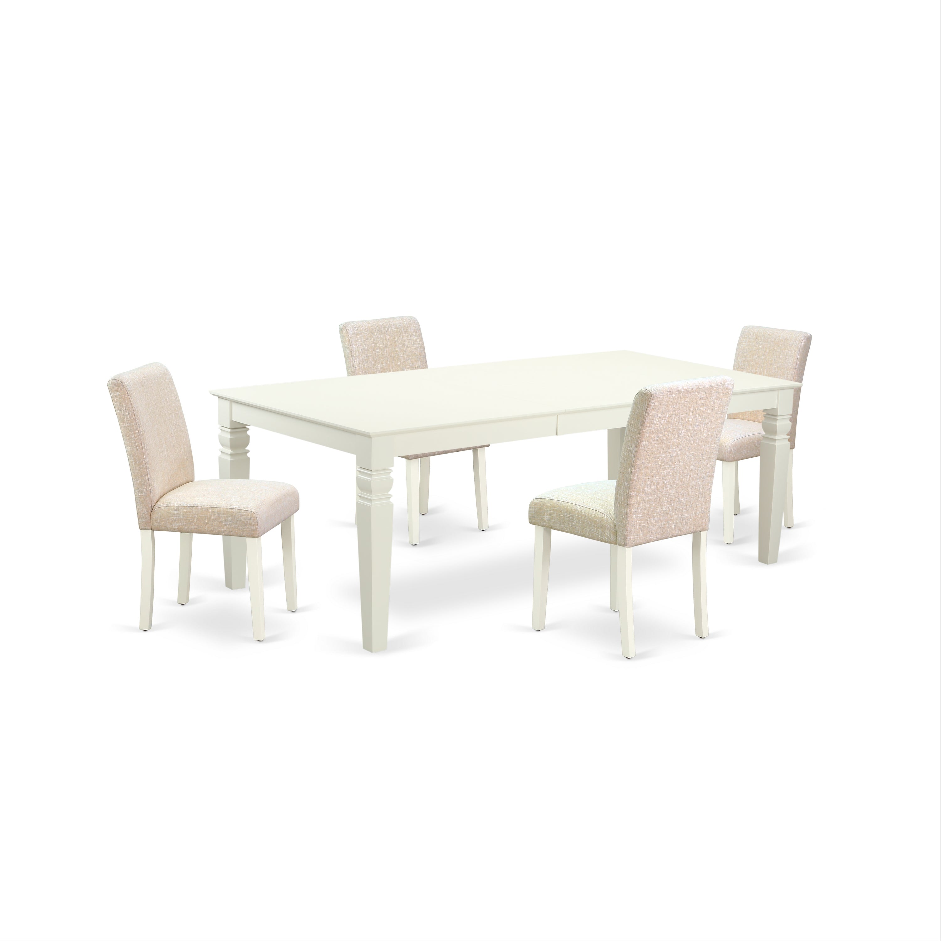 LGAB5-LWH-02 5Pc Rectangular 66/84 Inch Table With 18 In Leaf And Four Parson Chair With Linen White Leg And Linen Fabric Light Beige