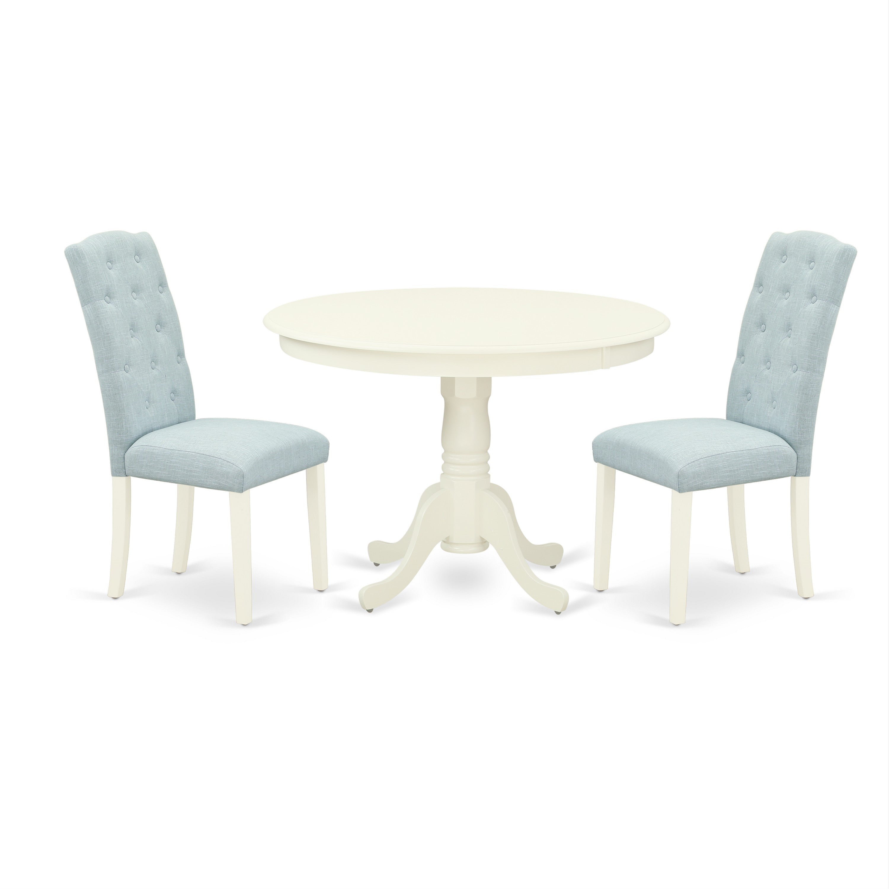 HLCE3-LWH-15 3Pc Dinette Set Includes a Rounded Kitchen Table and Two Parson Chairs with Baby Blue Fabric, Linen White Finish