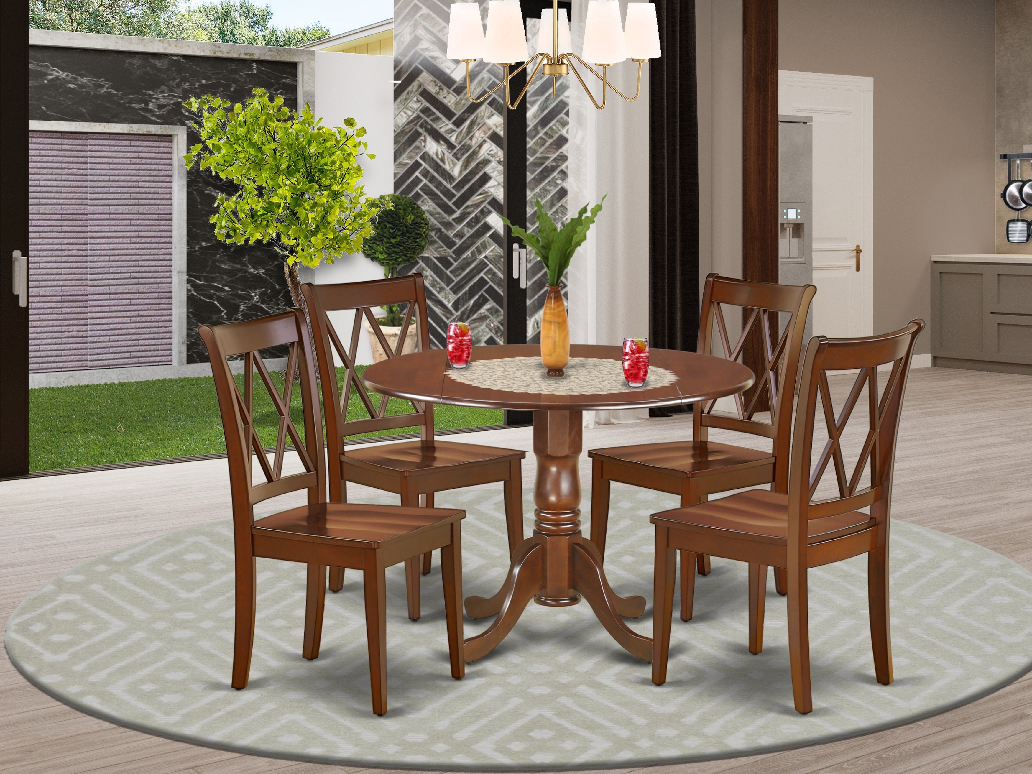 DLCL5-MAH-W 5PC Round 42 inch Table with Two 9-Inch Drop Leaves and 4 Double X back Chairs