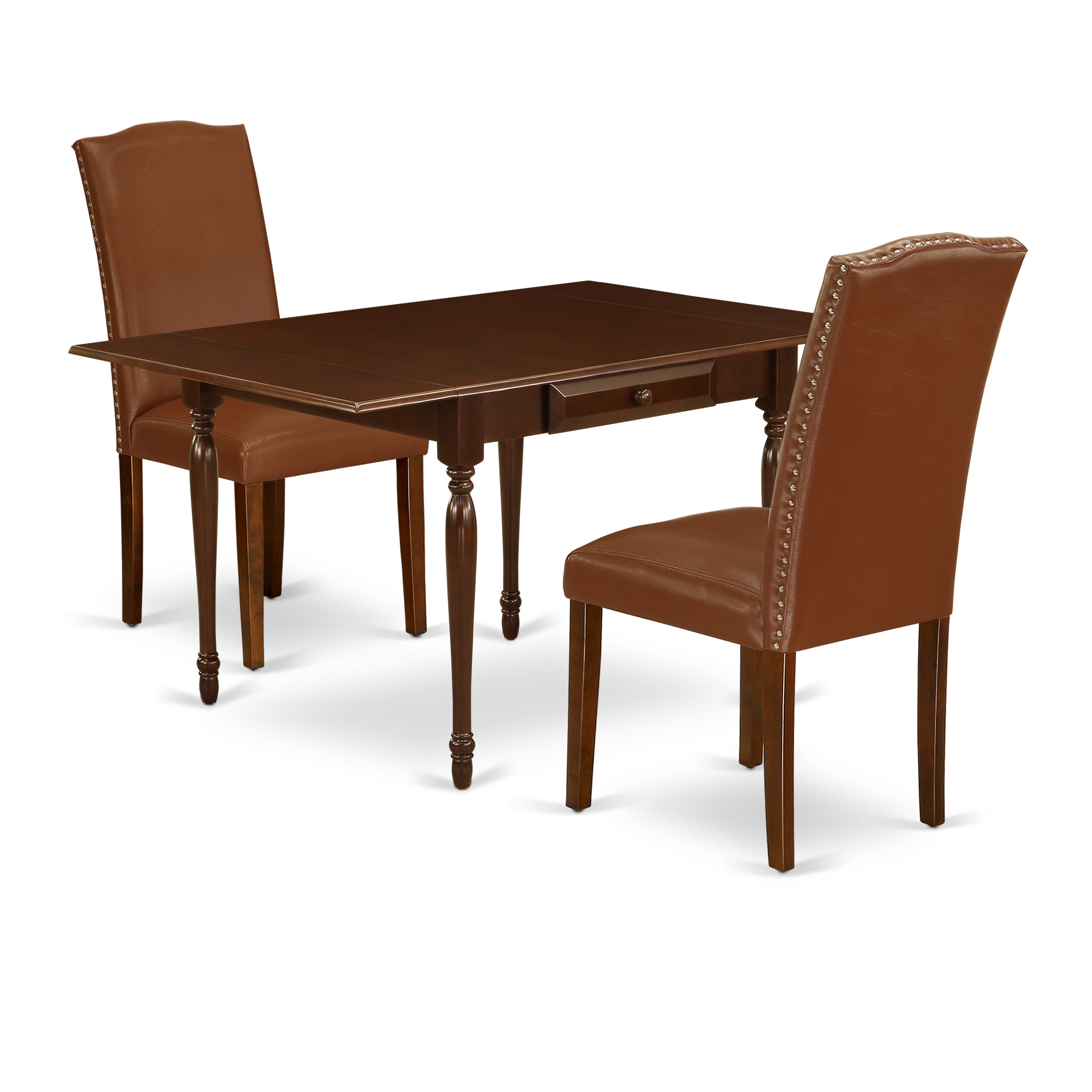East West Furniture MZEN3-MAH-66 3Pc Dinette Set Contains a Dining Room Table and 2 Parson Dining Chairs with Brown Color PU Leather, Drop Leaf Table with Full Back Chairs, Mahogany Finish