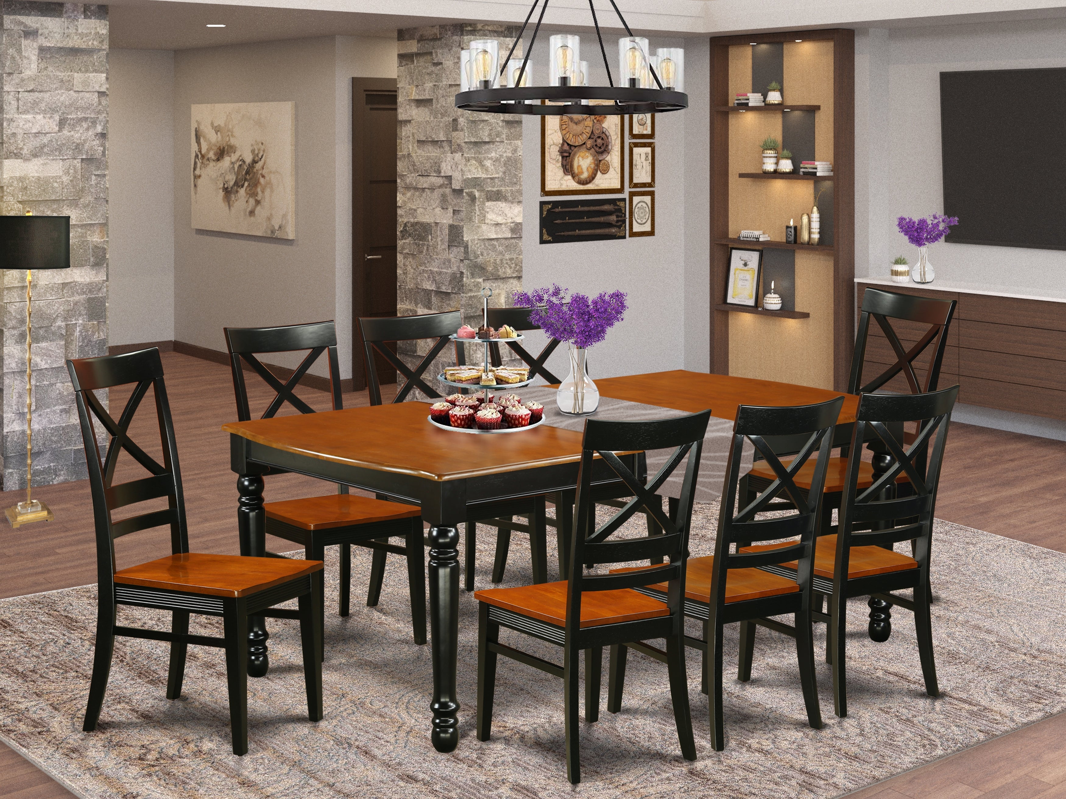 DOQU9-BCH-W 9 PC kitchen tables and chair set with one Dover dining table and 8 kitchen chairs in a Black and Cherry Finish