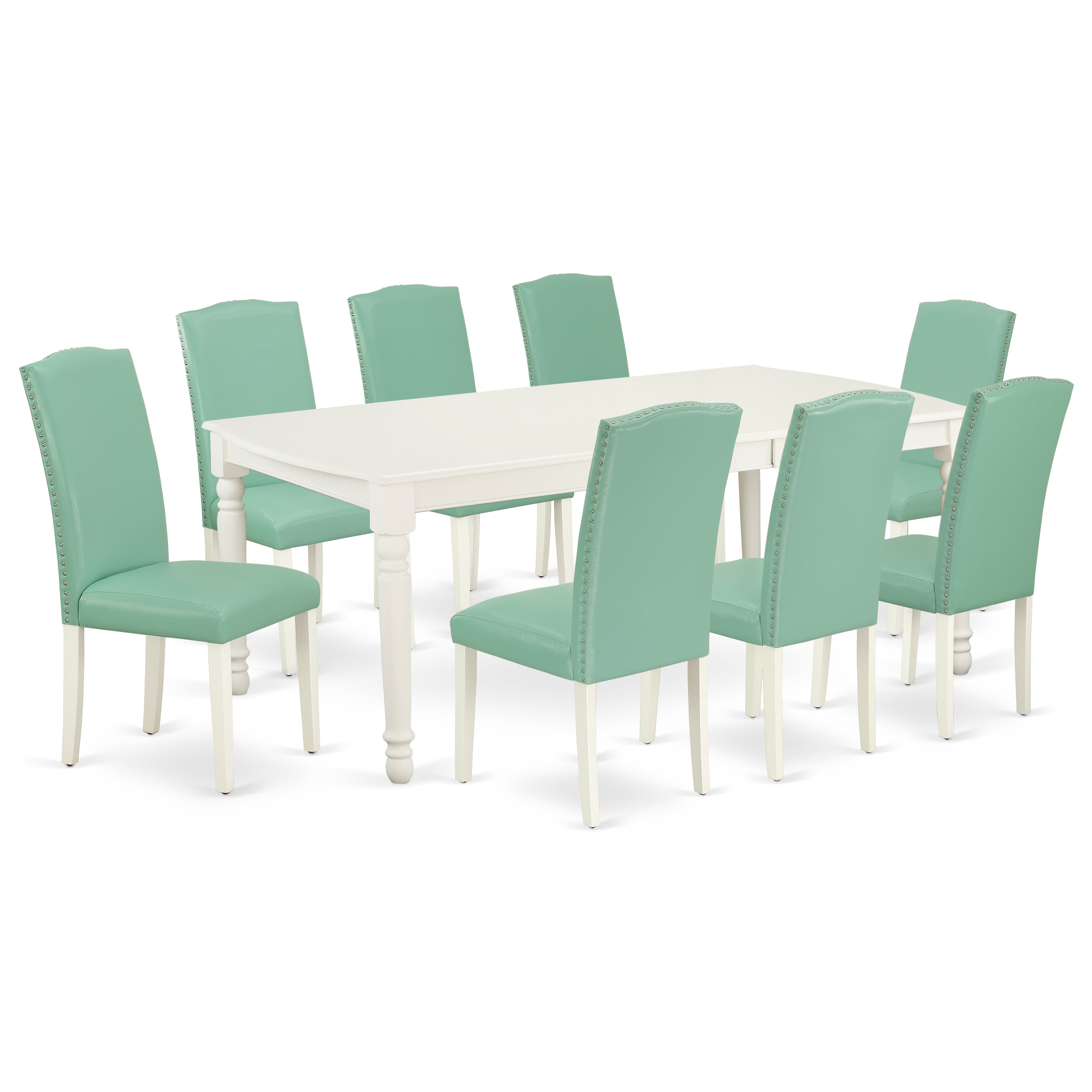 DOEN9-LWH-57 9Pc Rectangle 60/78 Inch Dining Table With 18 In Leaf And 8 Parson Chair With Linen White Leg And Pu Leather Color Pond