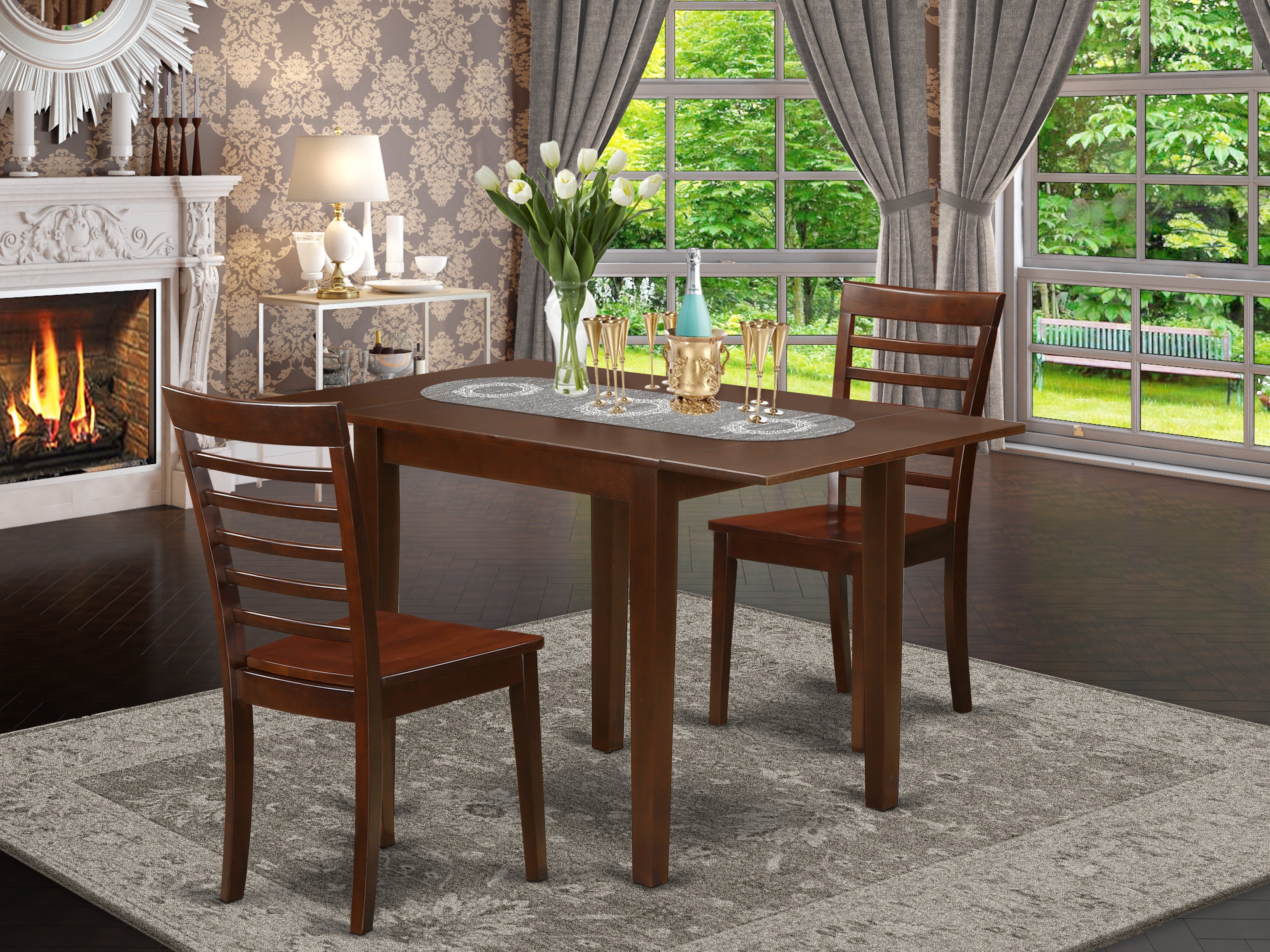 East West Furniture NDML3-MAH-W 3Pc Dining Set Offers a Dining Table and 2 Wooden Dining Chairs with Asian Hardwood Seat and Ladder Back, Mahogany Finish