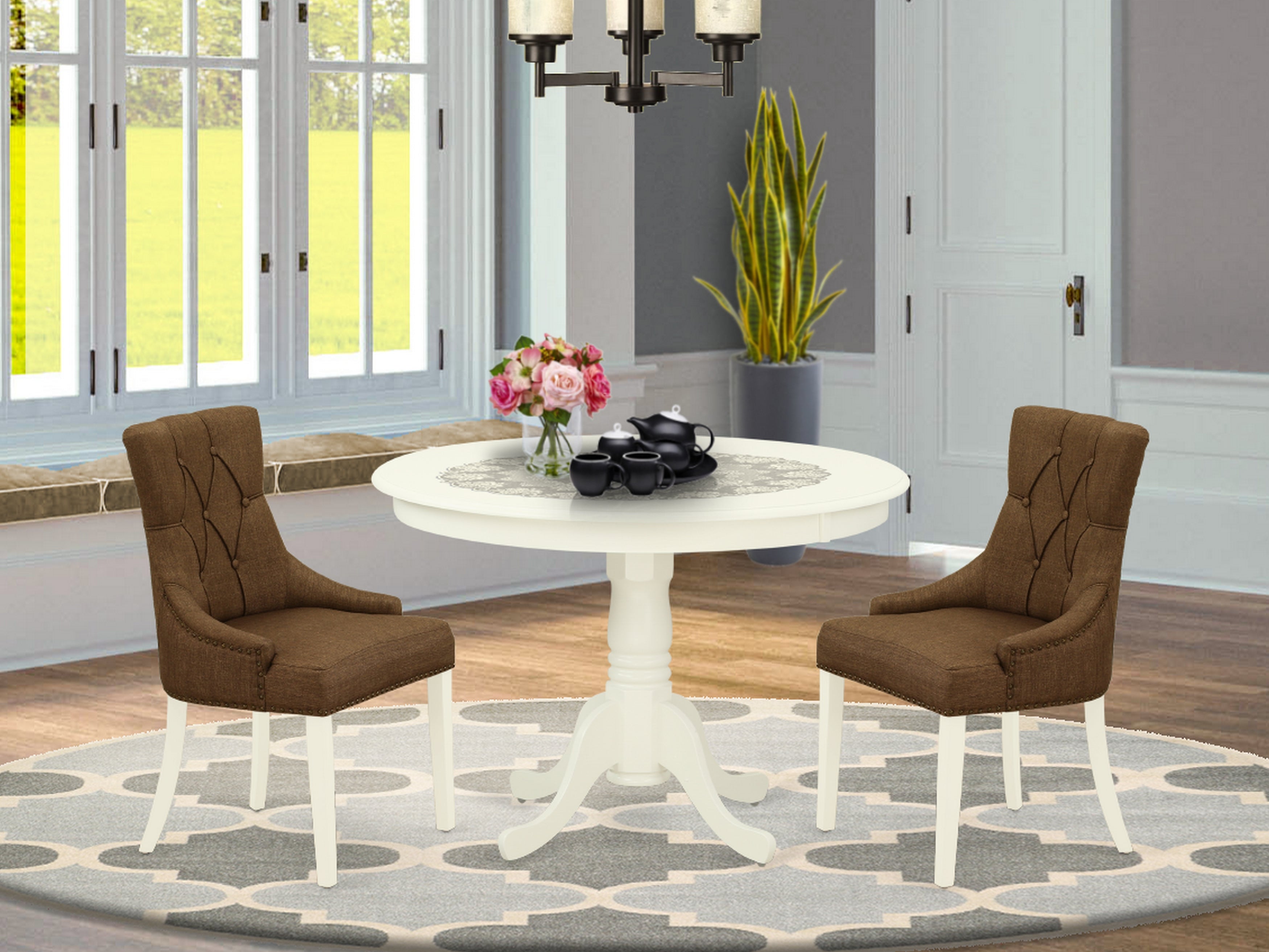 HLFR3-LWH-18 3Pc Dinette Set Includes a Rounded Kitchen Table and Two Parson Chairs with Dark Coffee Fabric, Linen White Finish