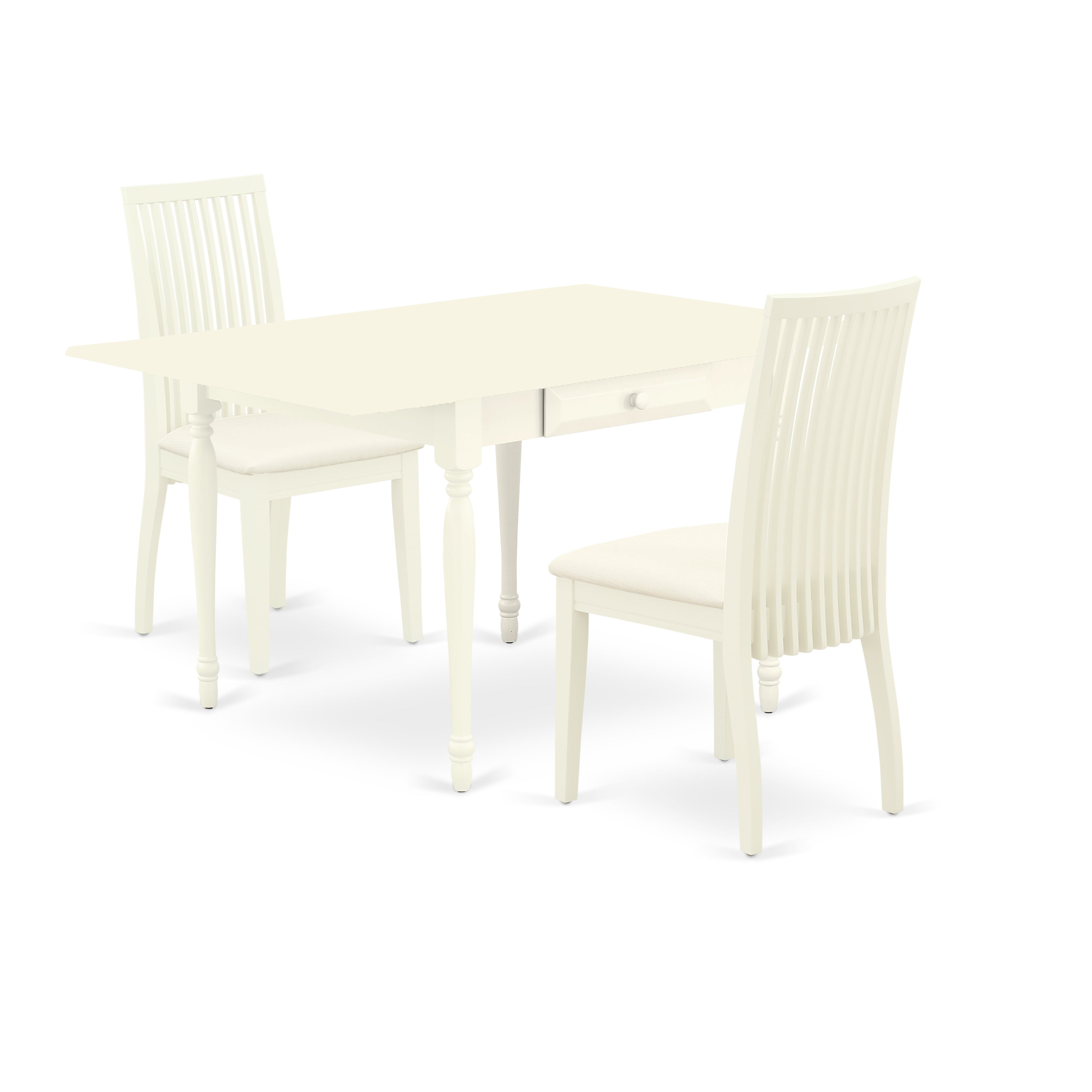 East West Furniture MZIP3-LWH-C 3 Pc Dining Room set - Strong Two 9-Inch Drop Down Leaves Real Wood Kitchen Table and 2 Microfiber Upholstery Seat Dining Chairs, Linen White Finish