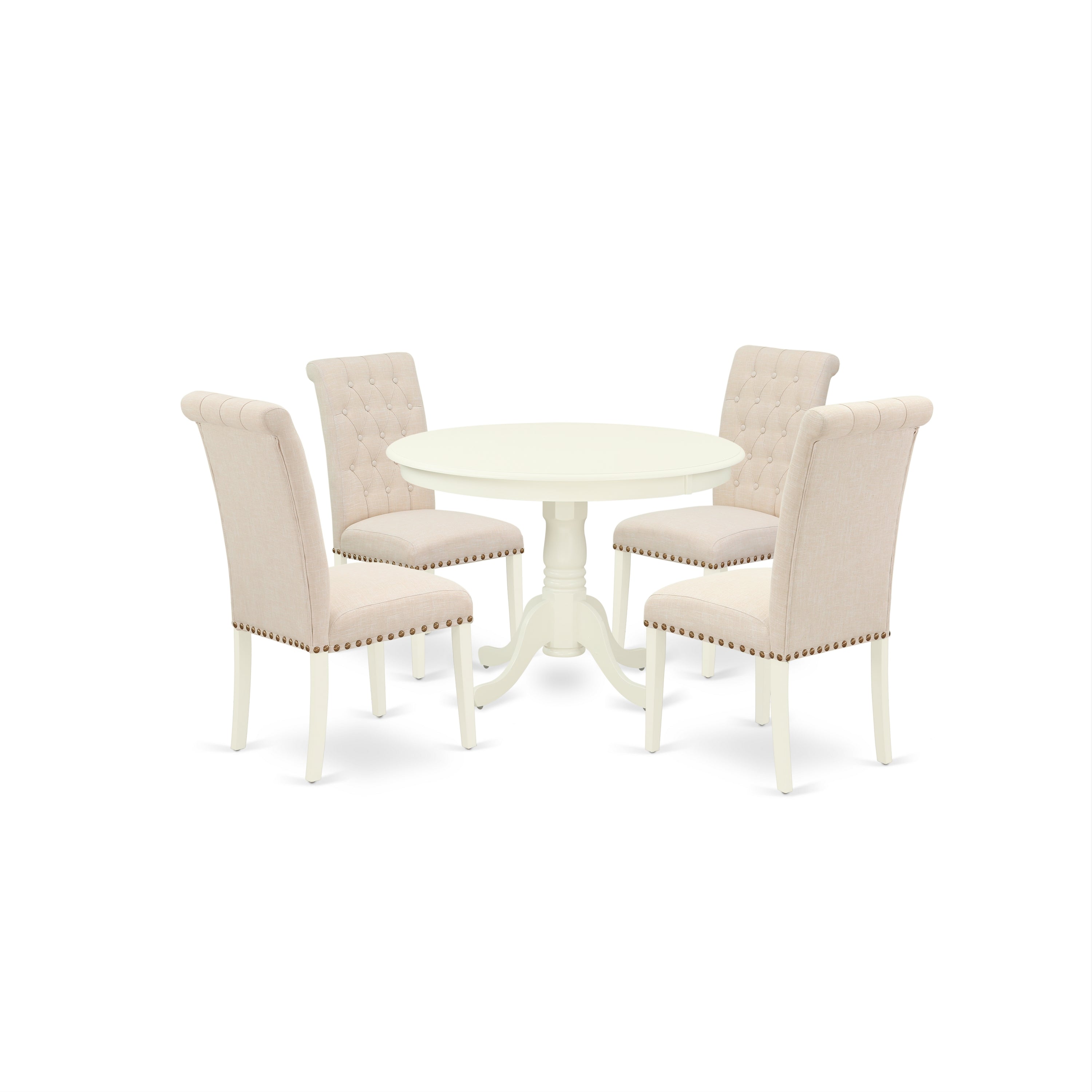 HLBR5-LWH-02 5Pc Dining Set Includes a Round Dinette Table and Four Parson Chairs with Light Beige Fabric, Linen White Finish