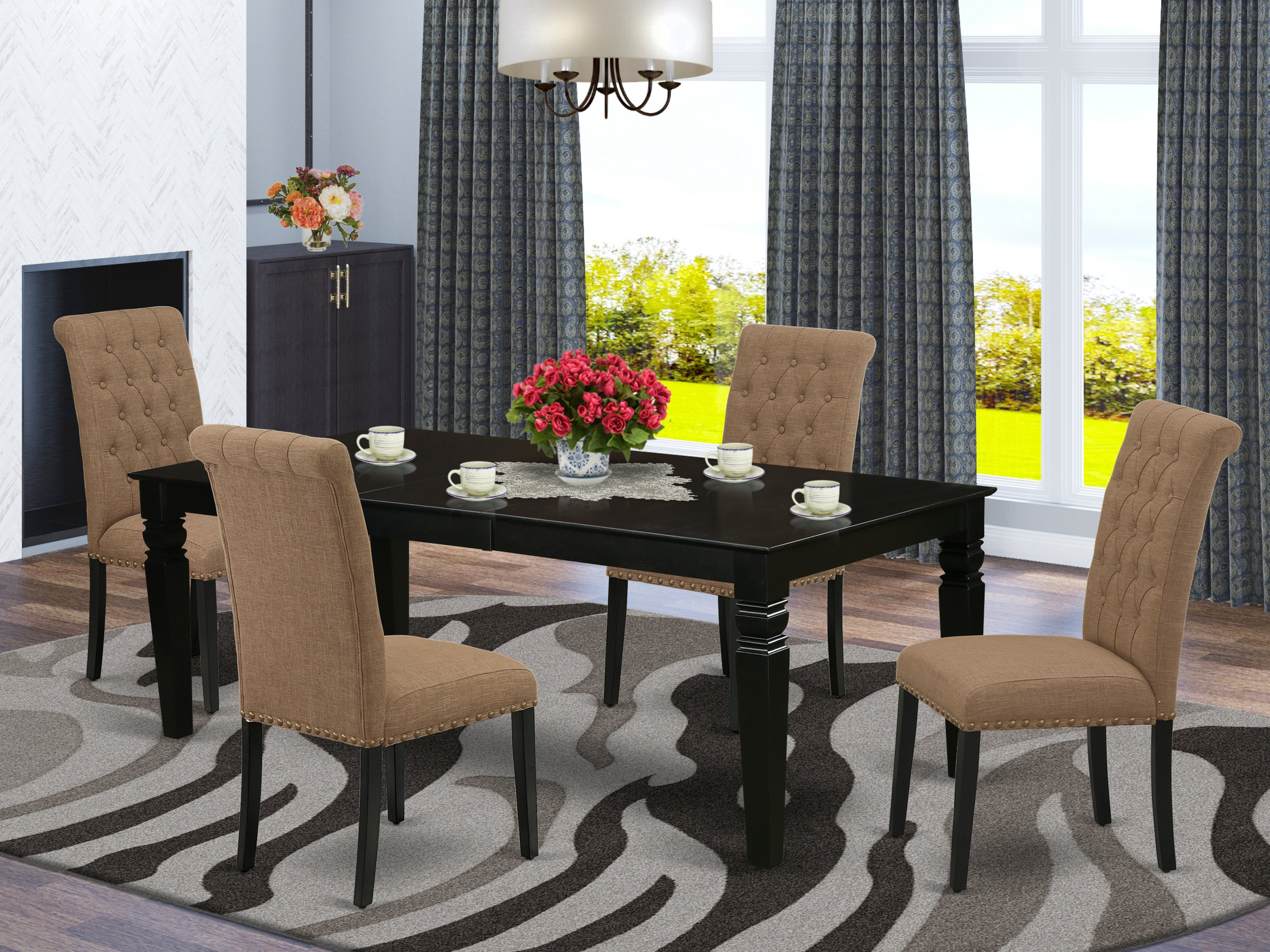 LGBR5-BLK-17 5Pc Dining Set Includes a Rectangle Dining Table with Butterfly Leaf and Four Parson Chairs with Light Sable Fabric, Black Finish