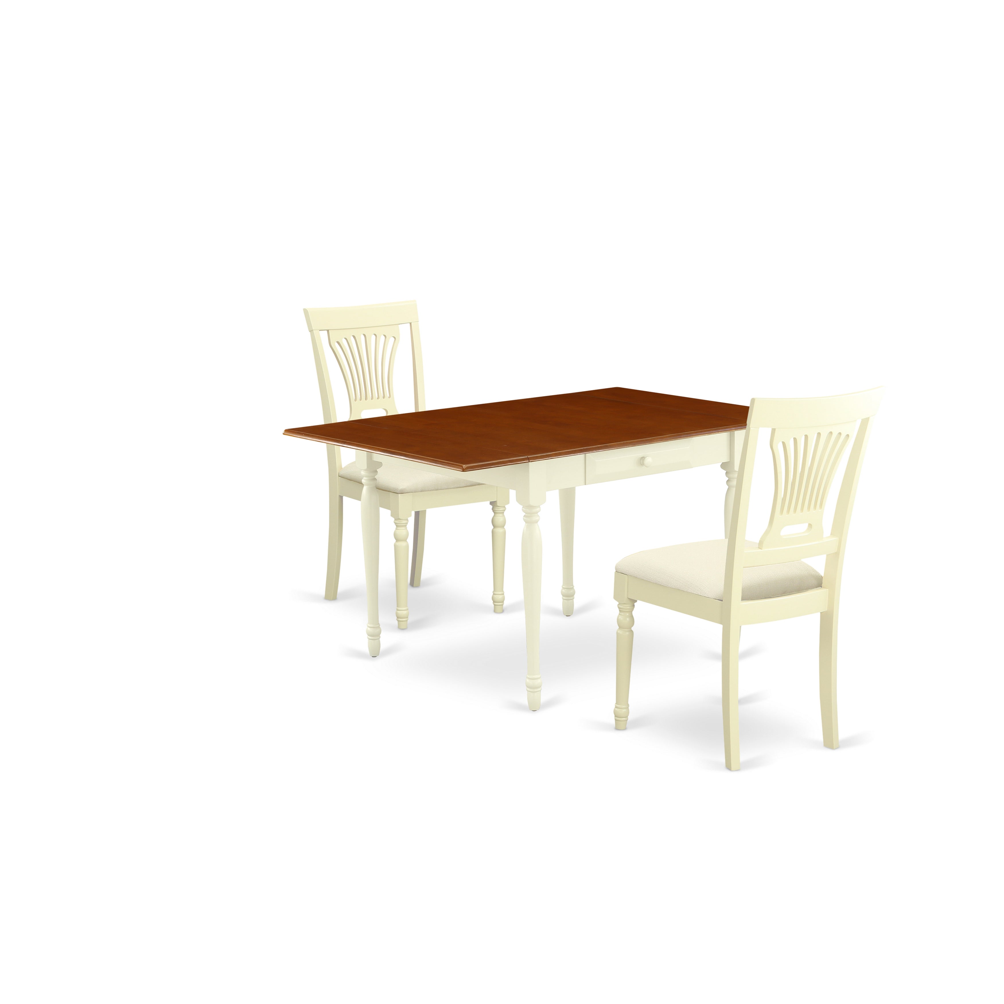 East West Furniture MZPL3-WHI-C 3 Pieces Modern Dining Table set - Robust Two 9-Inch Drop Down Leaves Real Wood Modern Dining Table and 2 Microfiber Upholstery Seat Dining Room Chairs, Buttermilk and Cherry Finish