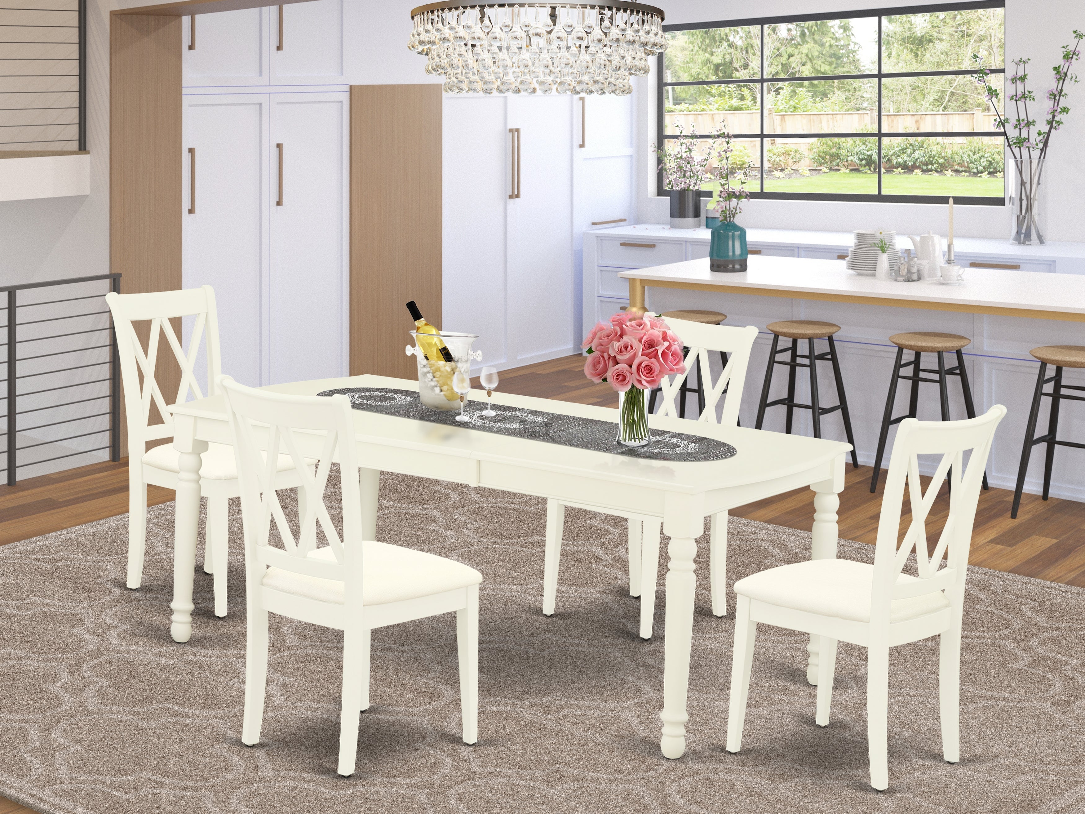 DOCL5-LWH-C 5Pc Dining Set Includes a Rectangle Dinette Table with Butterfly Leaf and Four Double X Back Microfiber Seat Kitchen Chairs, Linen White Finish