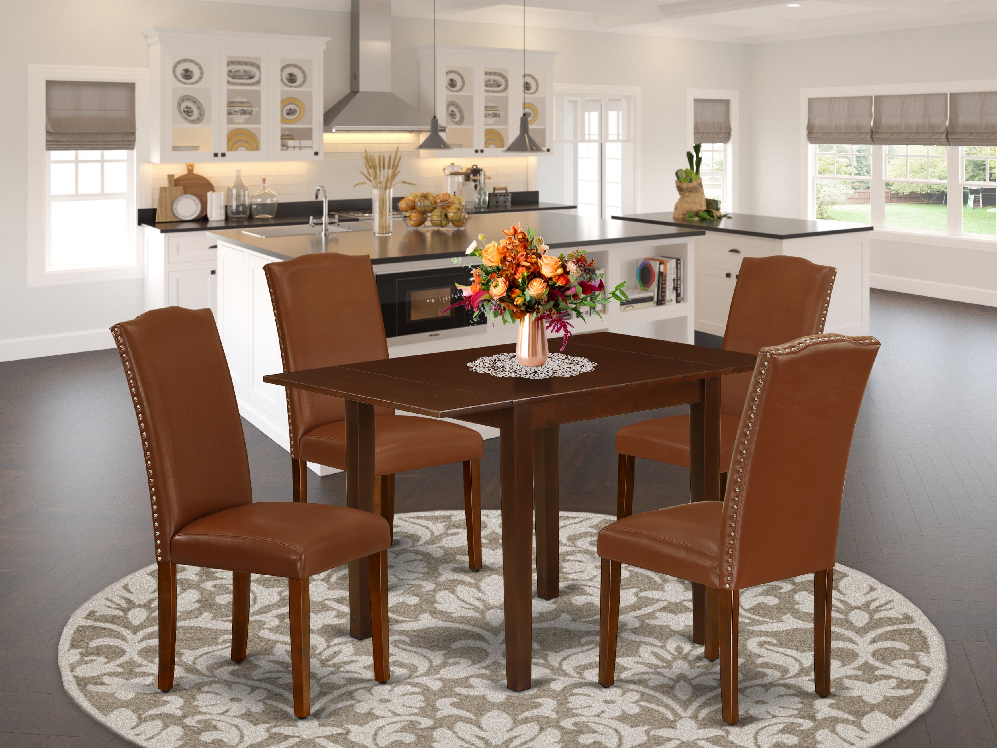 East West Furniture NDEN5-MAH-66 Dining Set 5 Pcs - Four Dining Chairs and a Dining Table - Mahogany Finish Hardwood - Brown Color Pu Leather