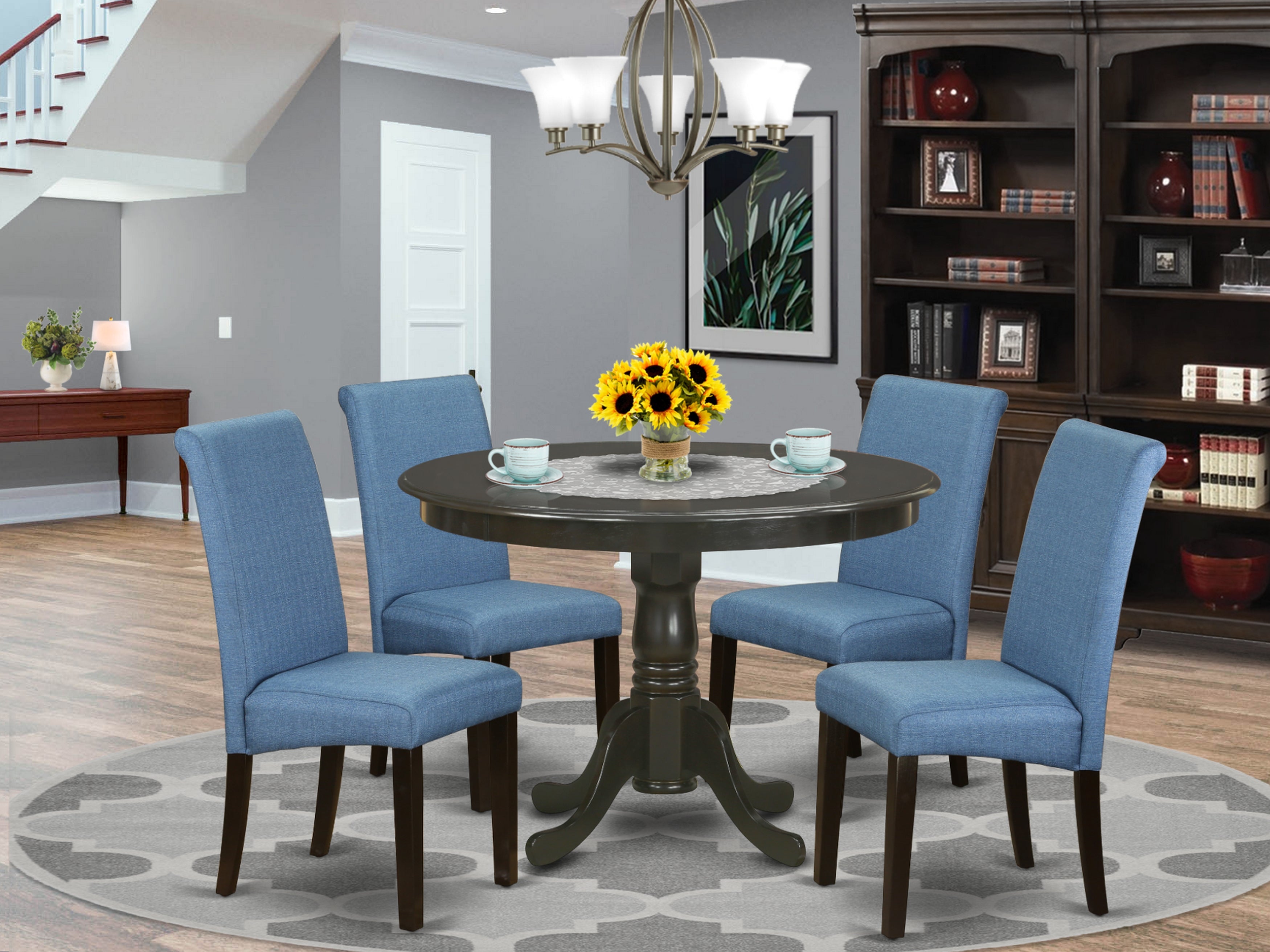 HLBA5-CAP-21 5Pc Small Round kitchen table with linen Blue fabric kitchen chairs with cappuccino chair legs