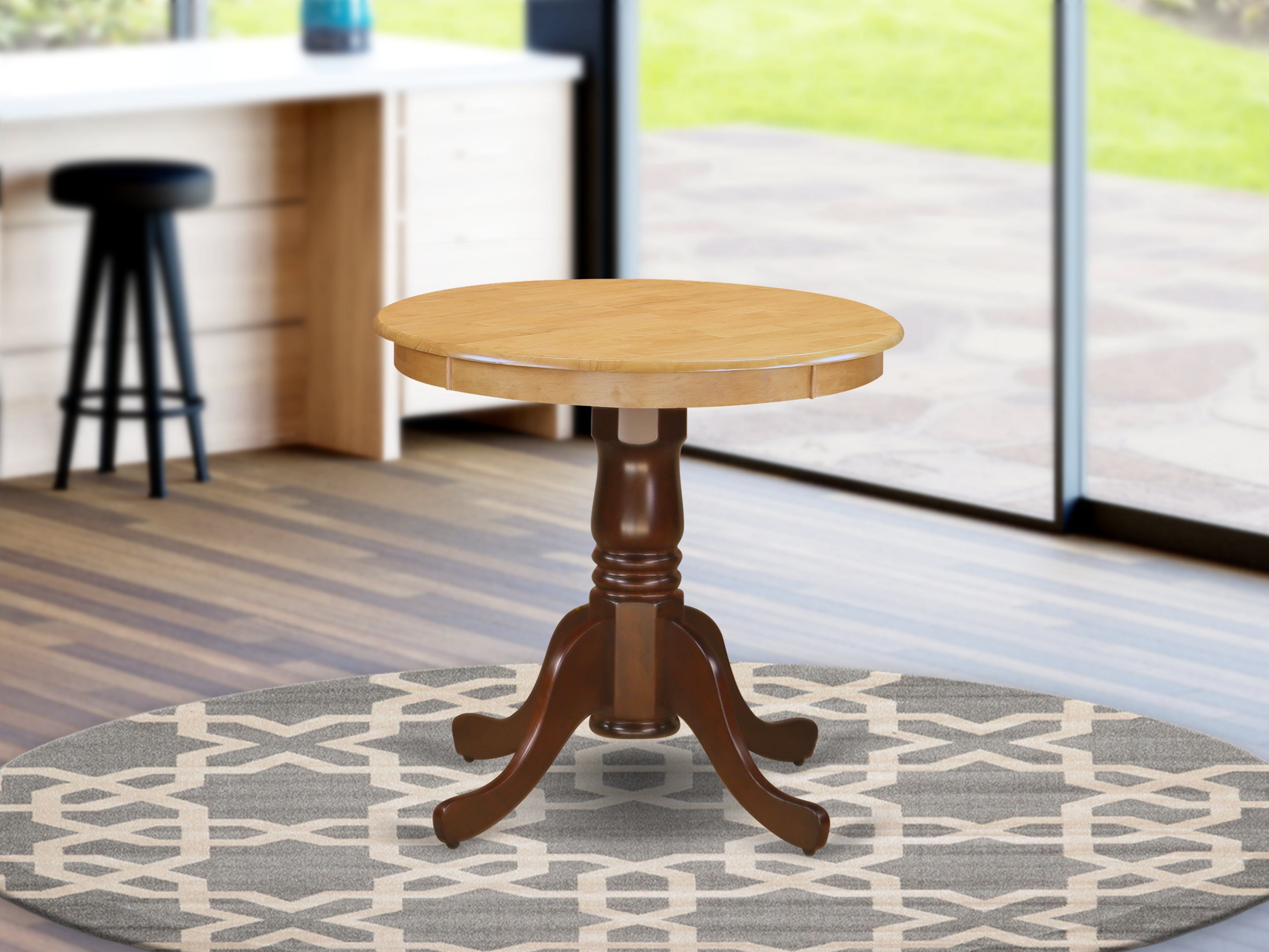 EMT-OMA-TP Edan Dining Table Made of Rubber Wood offering Oak Finish Table Top, 30 Inch Round, Mahogany Finish Pedestal