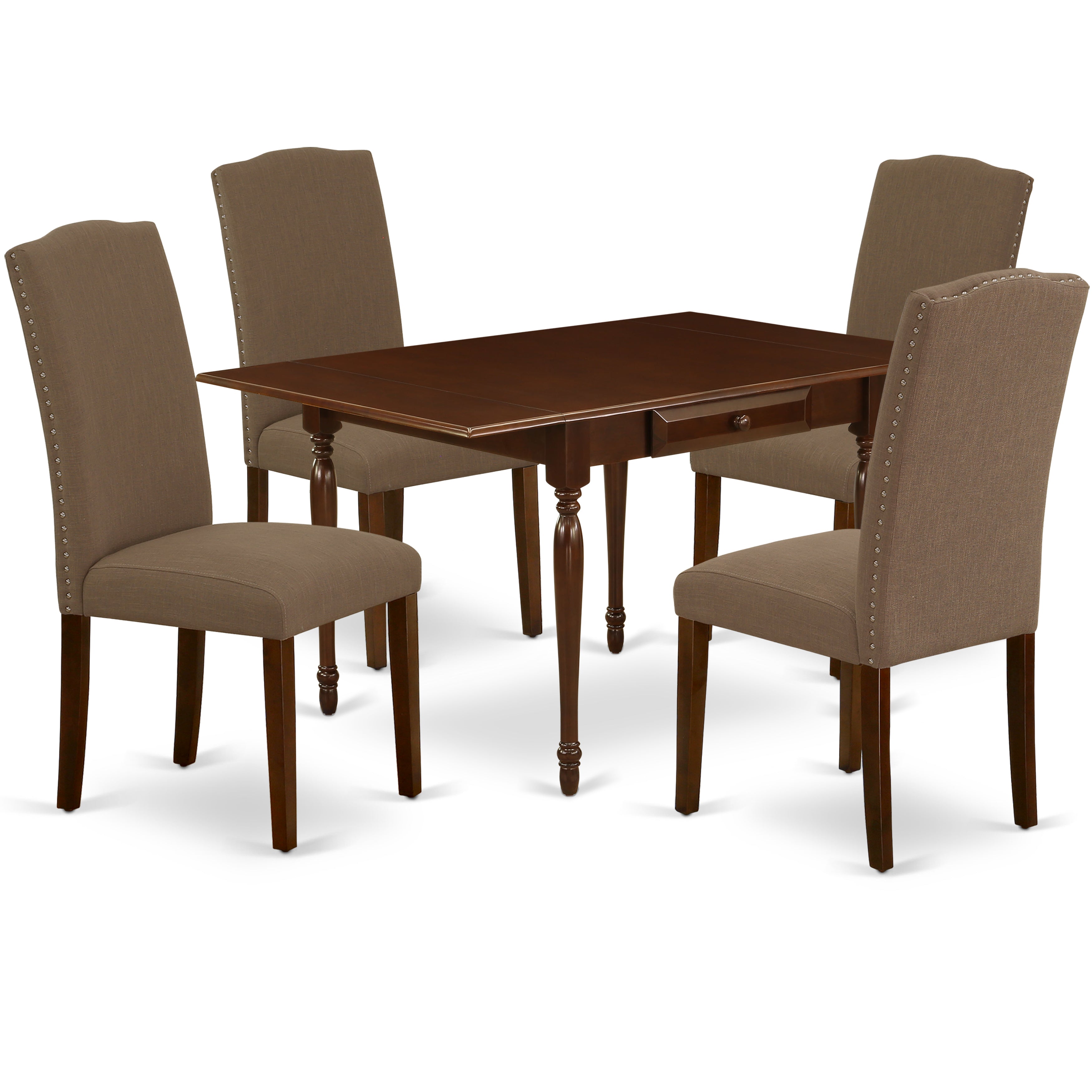 East West Furniture MZEN5-MAH-18 5Pc Kitchen and Dining Room Table Set Offers a Rectangular Table and 4 Parsons Chairs with Coffee Color Linen Fabric, Drop Leaf Table with Full Back Chairs, Mahogany Finish