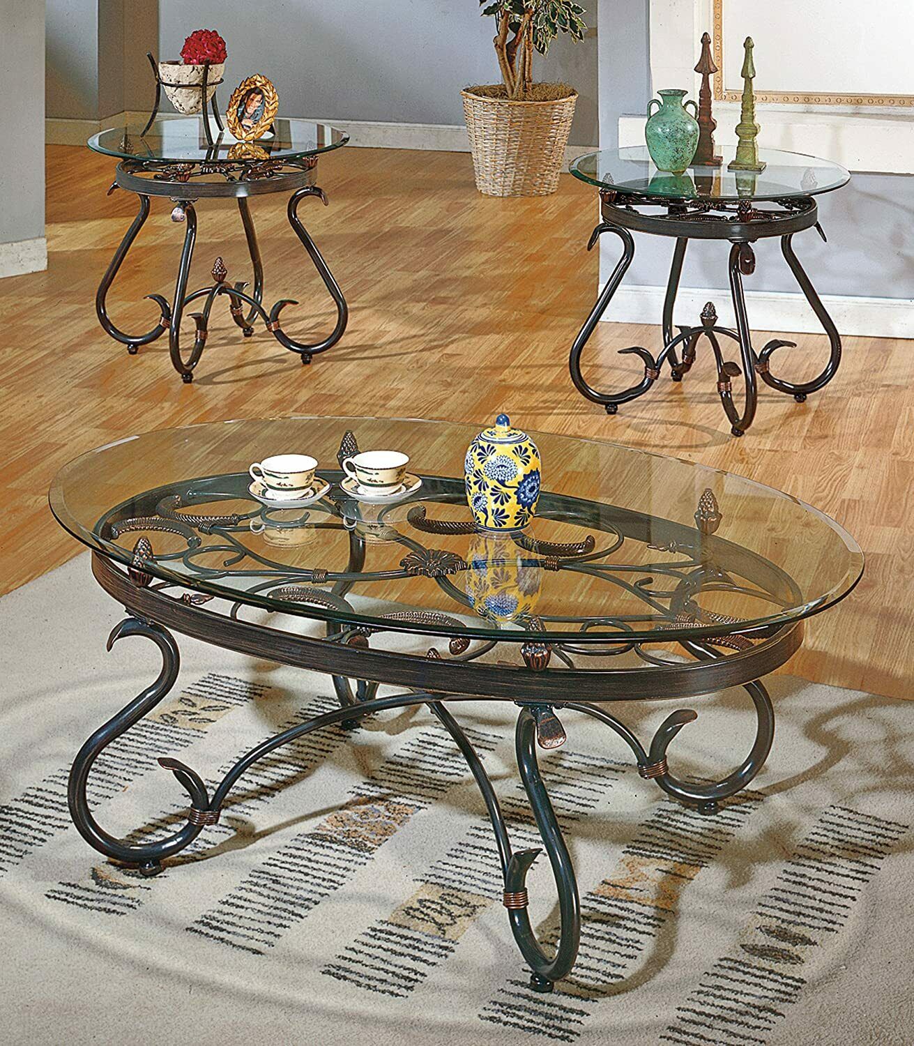 Lola 3 Piece Glass Occasional Coffee And End Table Set in Dark Brown